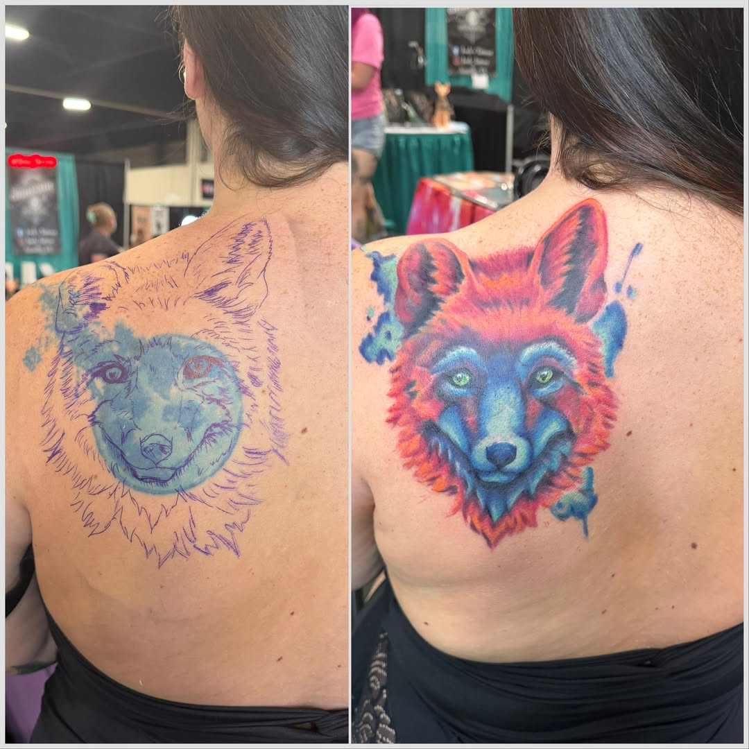 Bear watercolor tattoo on the back by Loki Shane DeFriece