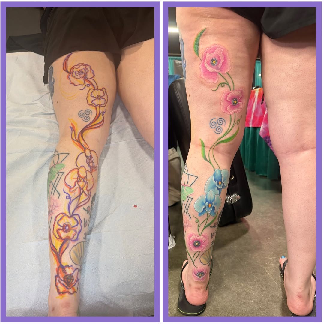 Floral design watercolor tattoo on the leg by Loki Shane DeFriece