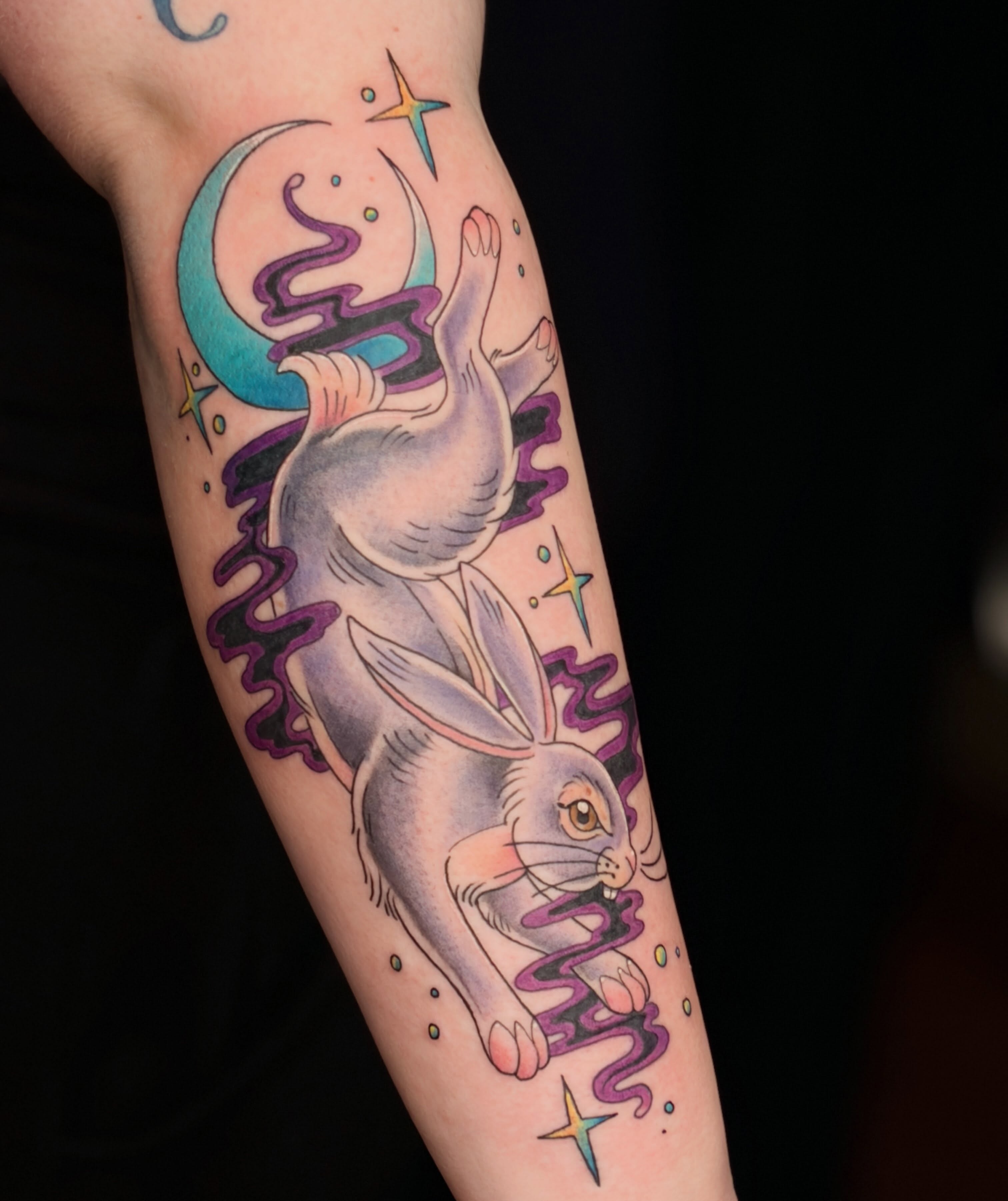 Rabbit new school tattoo on the forearm by Audrey Luther