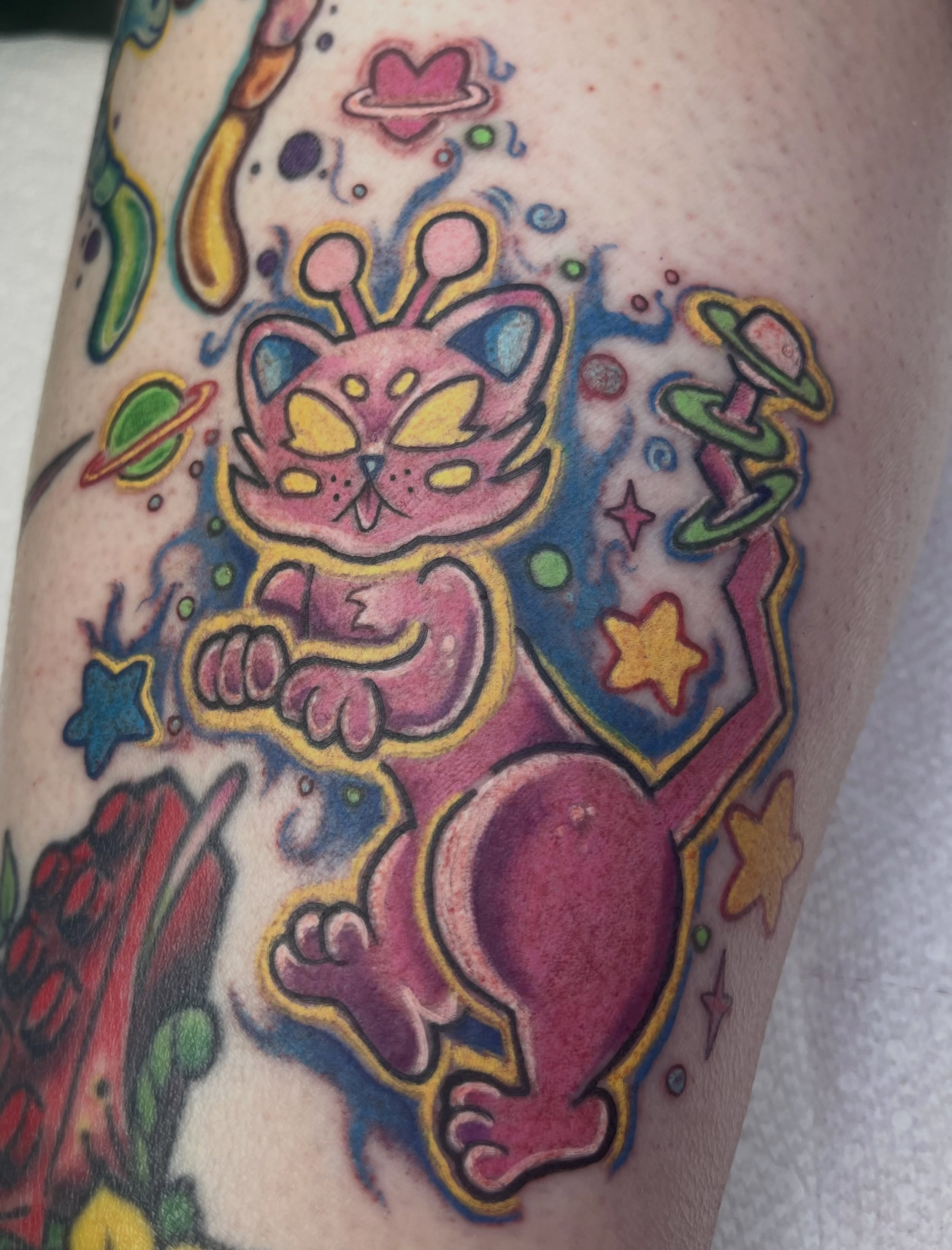 Space cat new school tattoo on the forearm by ๐โจOlive ๐น๐