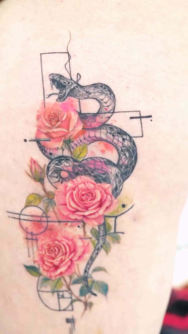 Snake and roses neo-traditional tattoo by New Root Ink _Studio