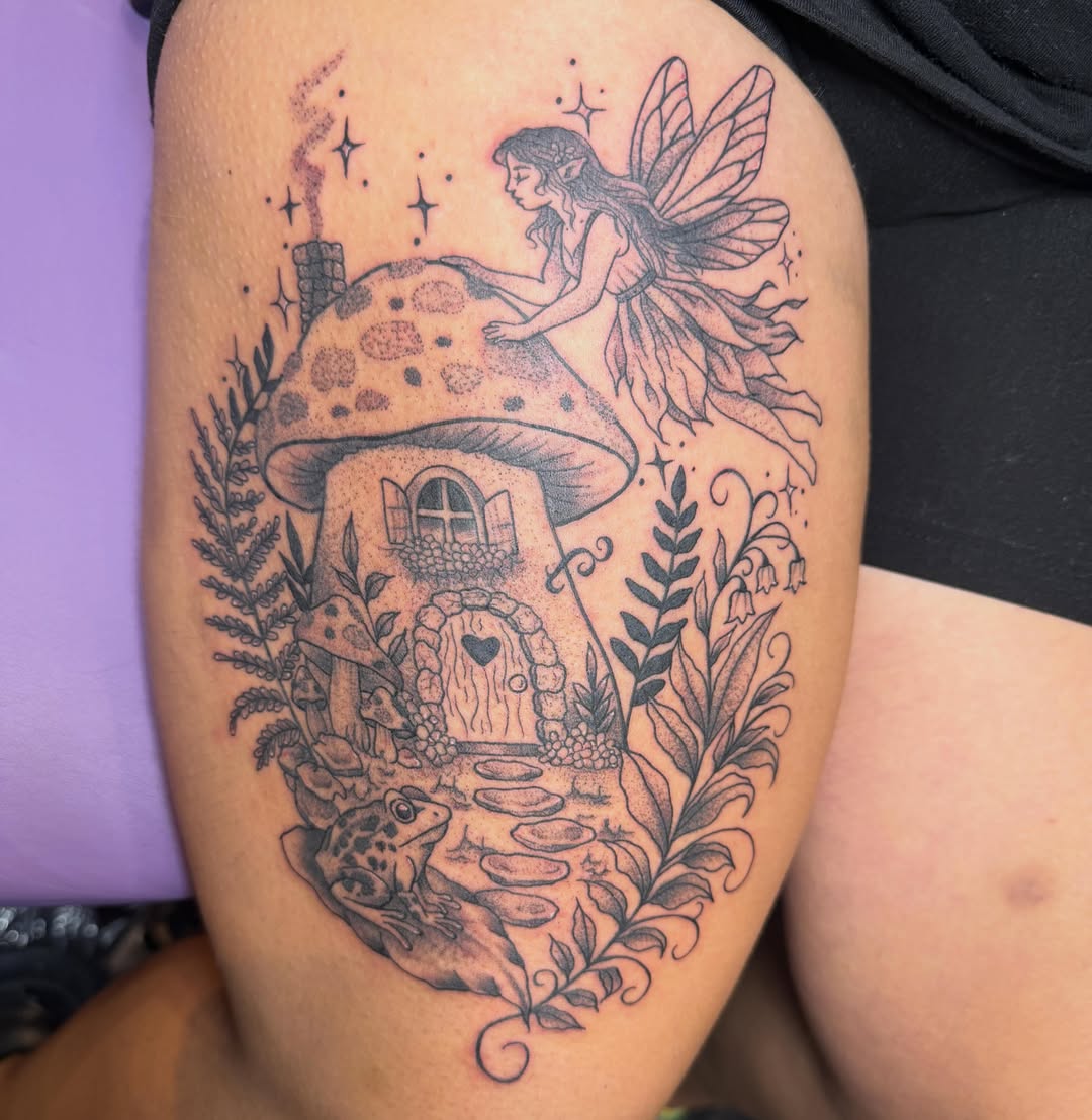 Fairy house dotwork tattoo on the thigh by Abby