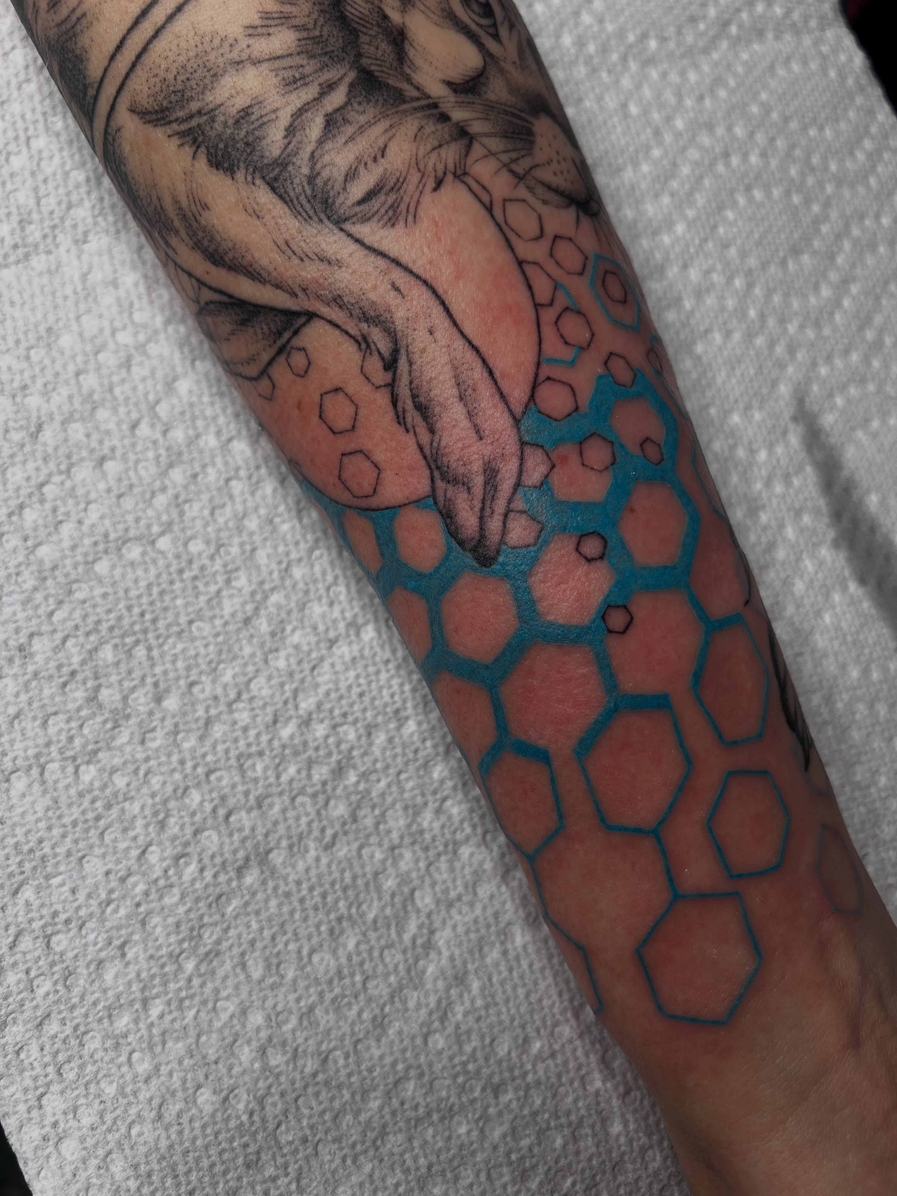 Hexagonal pattern geometric tattoo on the forearm by Mike Ramos