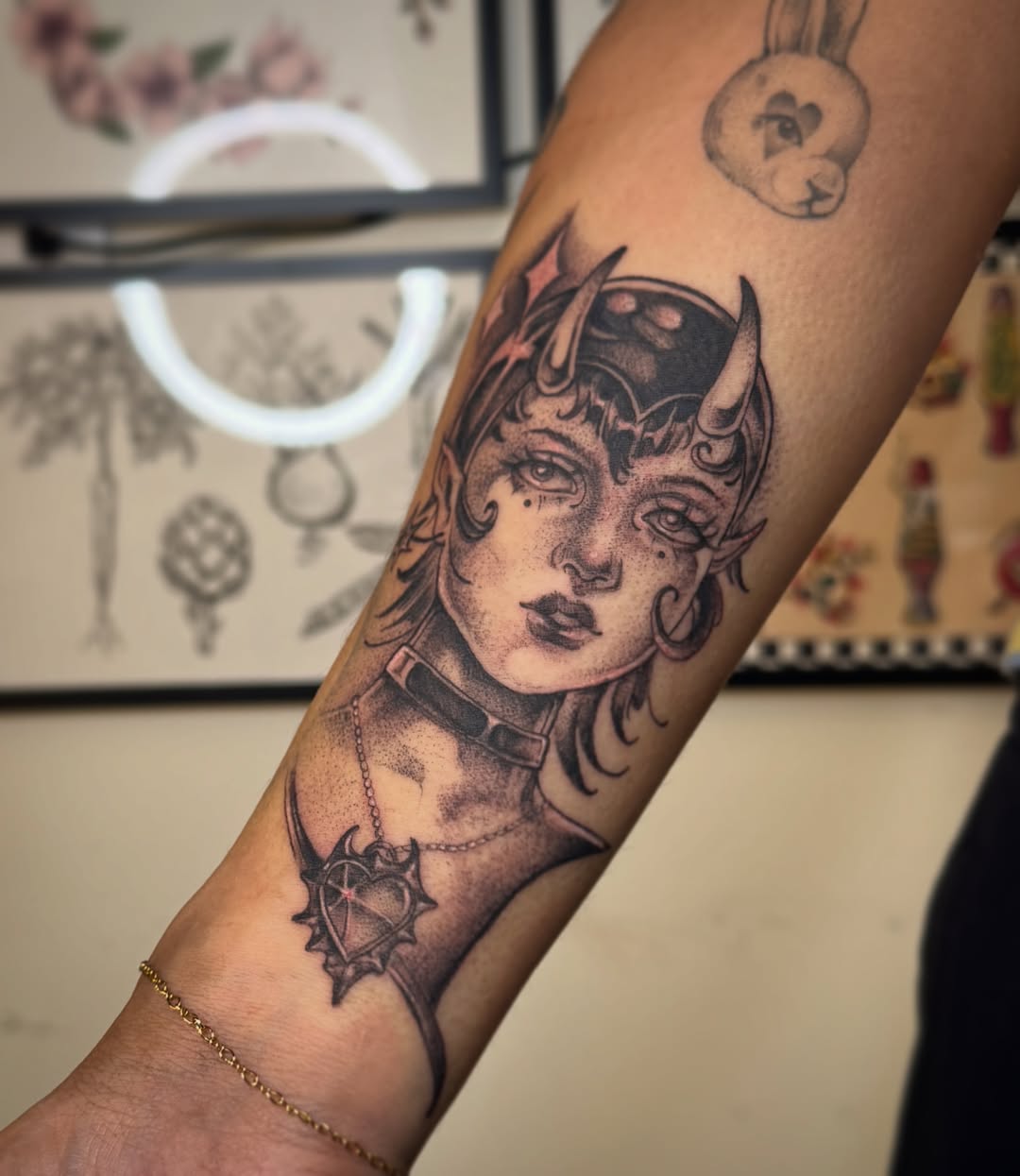 Demon girl dotwork tattoo on the forearm by Andy Rowe- Tattoo Artist🦇