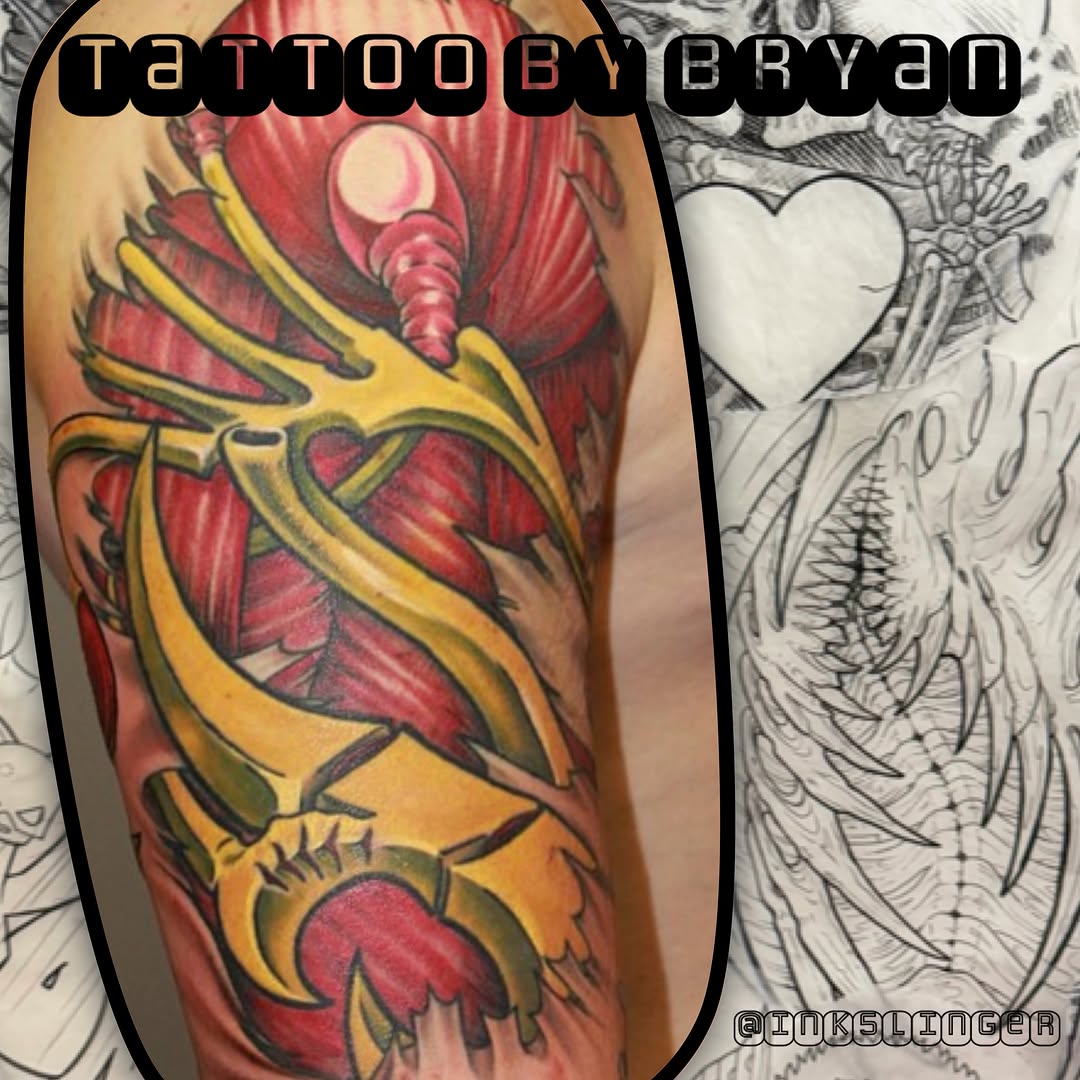 Anatomical heart American traditional tattoo on the forearm by Bryan Hunt