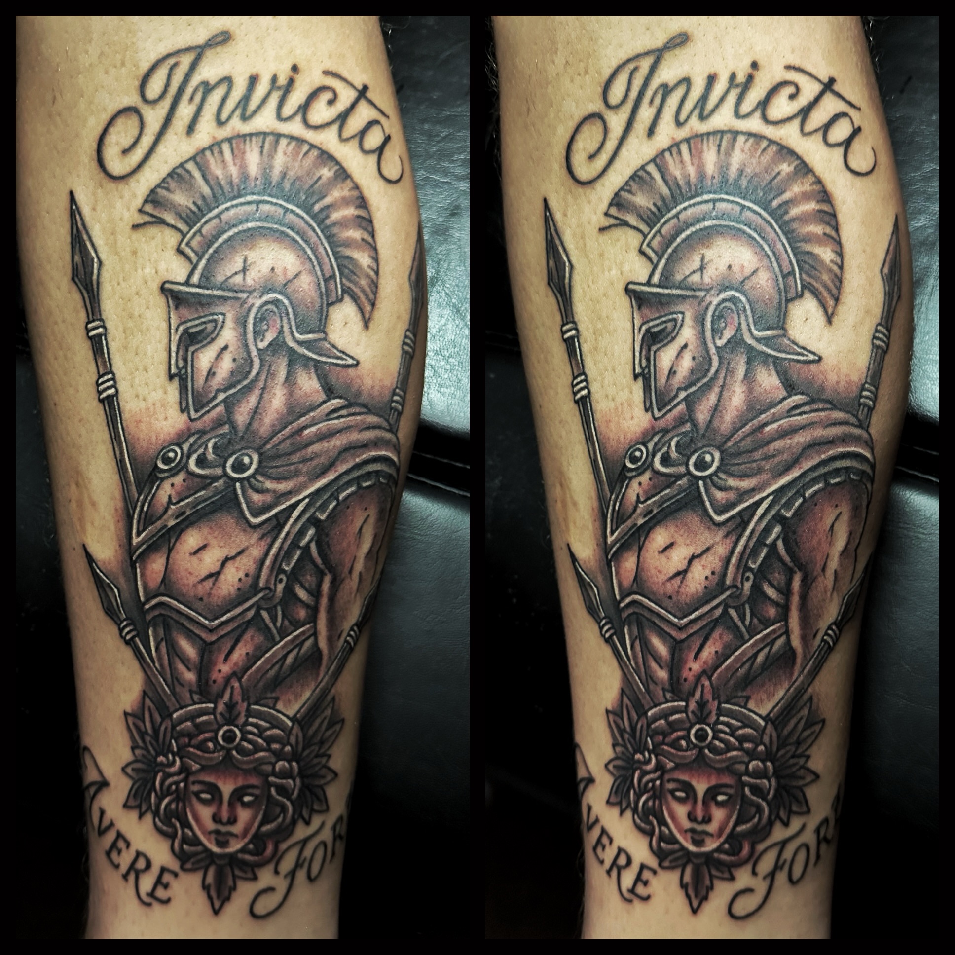 Spartan warrior American traditional tattoo on the forearm by Anthony Guido