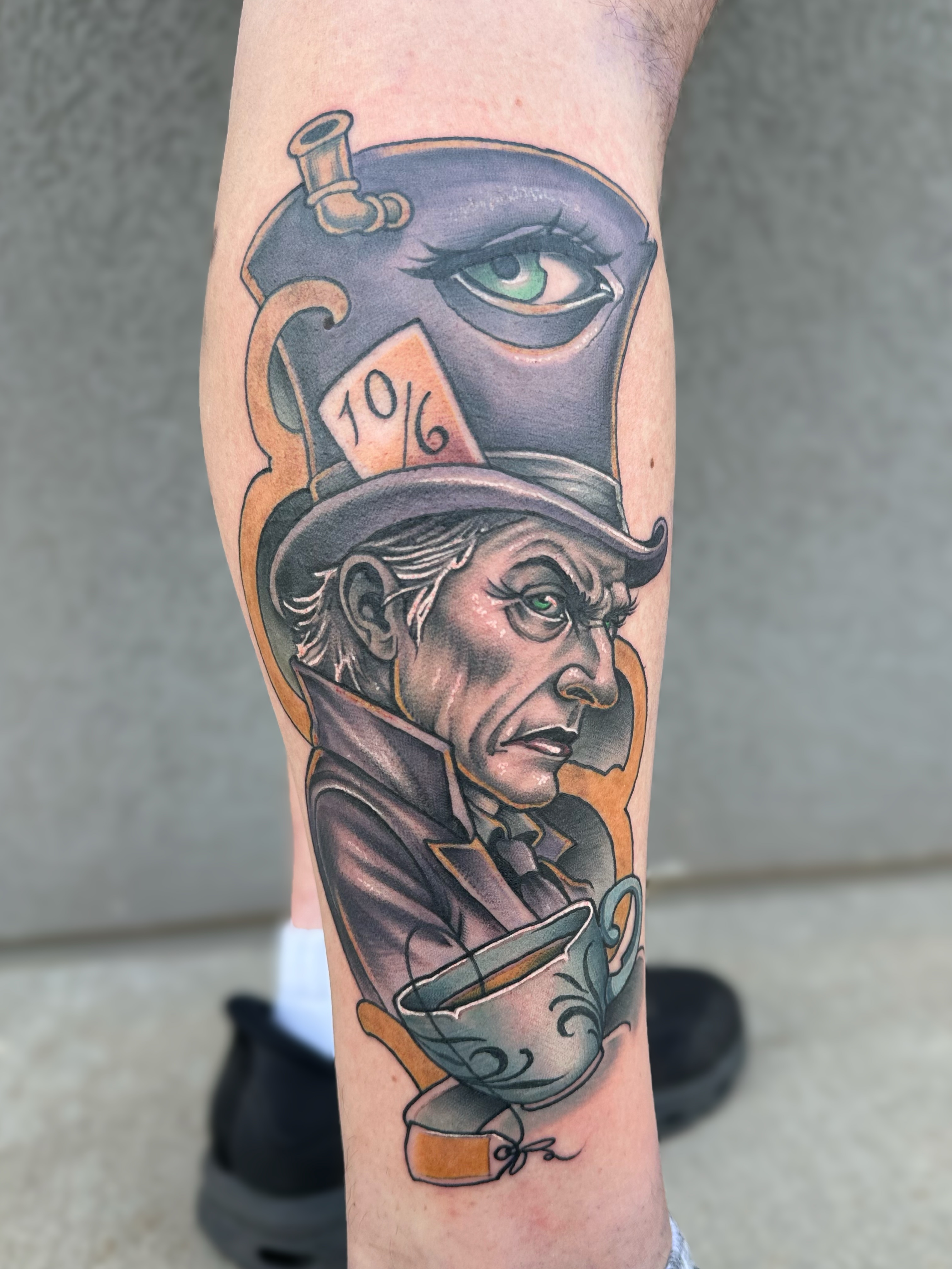 Mad hatter American traditional tattoo on the forearm by Aaron, Milwaukee, Wisconsin