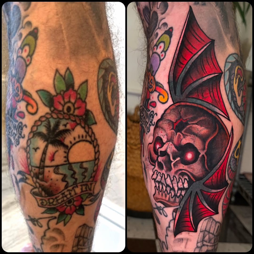 Skull with bat wings American traditional tattoo on the forearm by ๐ป๐๐๐ ๐ณ๐๐๐๐๐๐ ๐๐๐