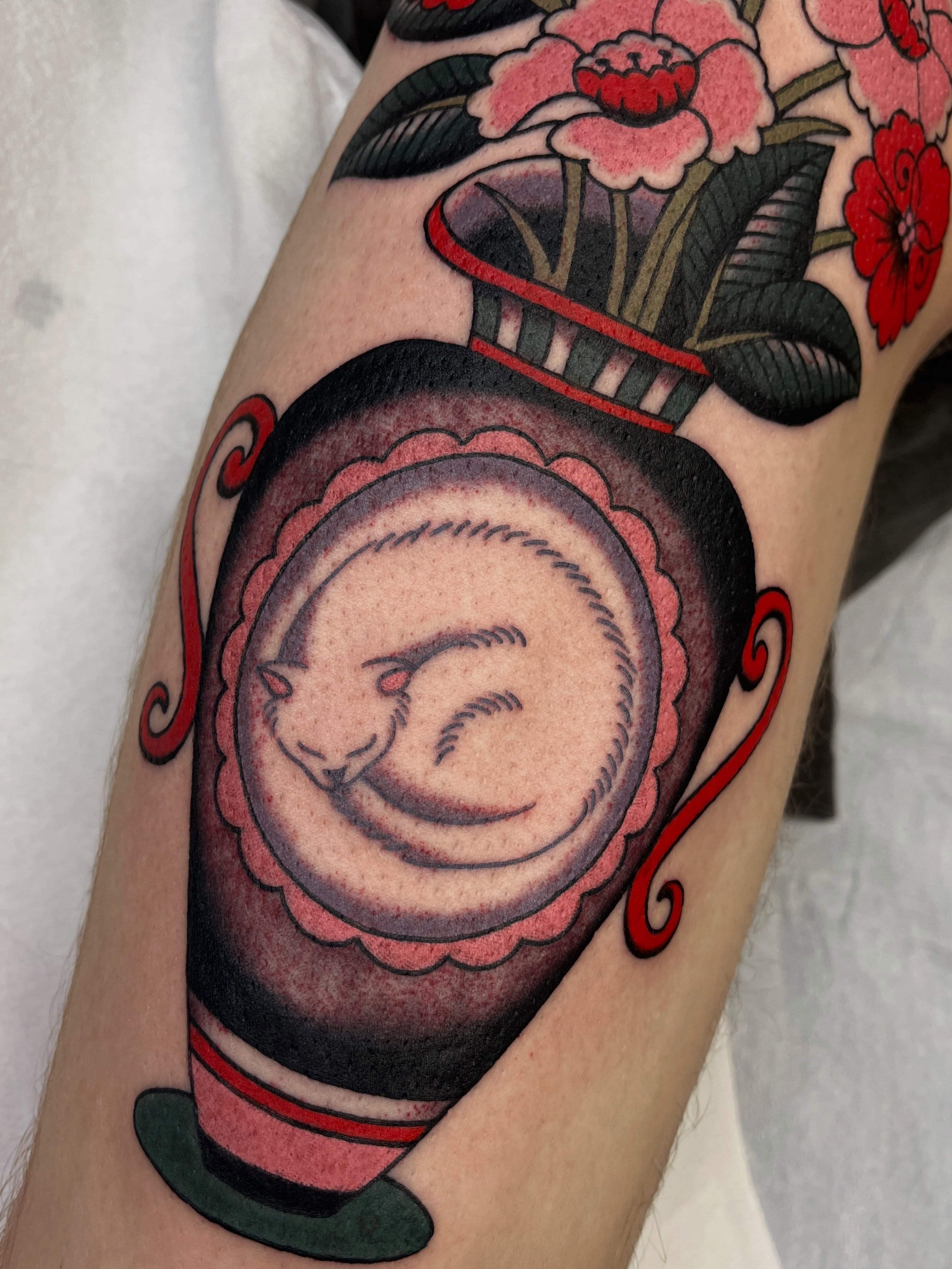 Cat in pot American traditional tattoo on the forearm by 🌞all Bodies Welcome🌞