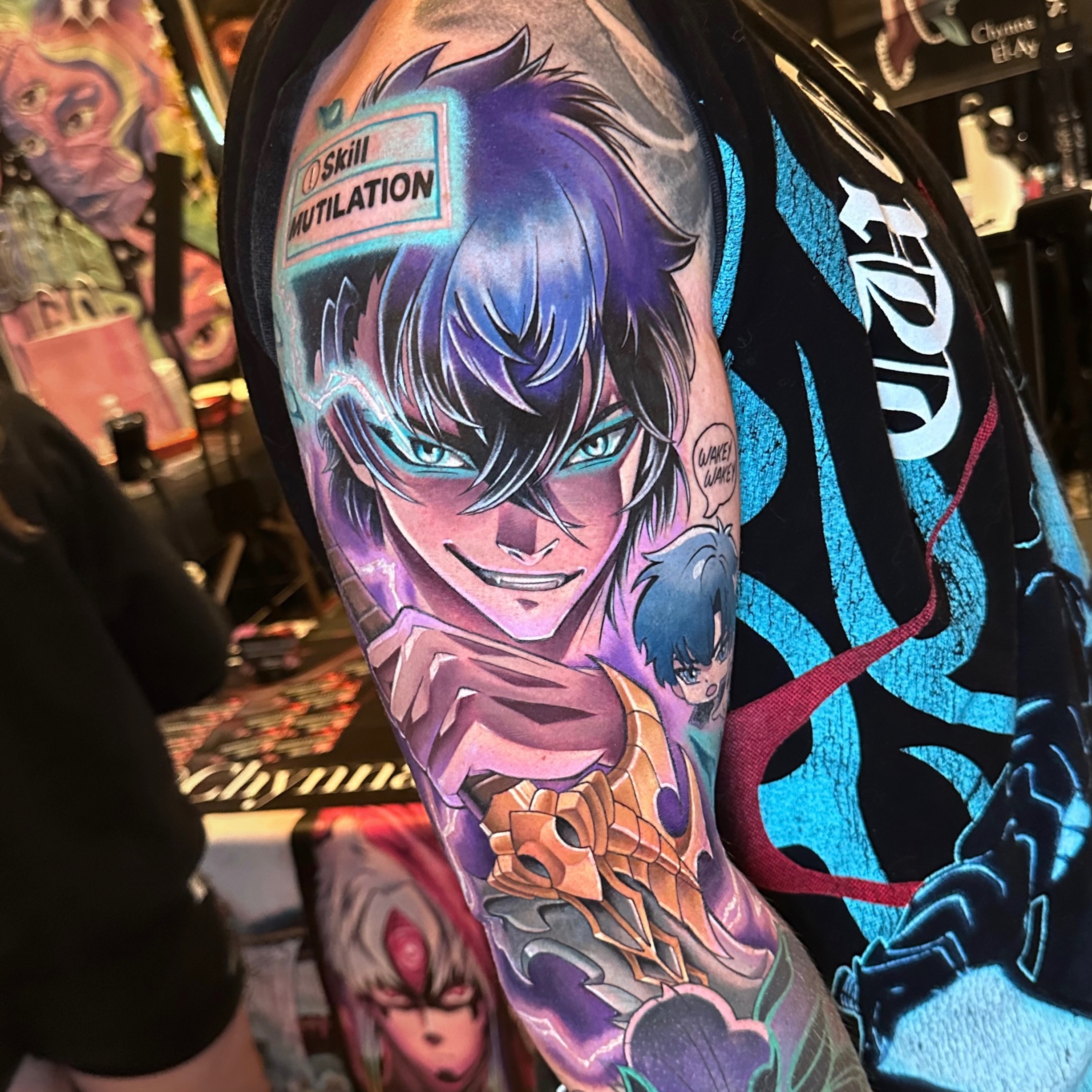 Anime character anime tattoo on the forearm by Chynna J El-Ayazra