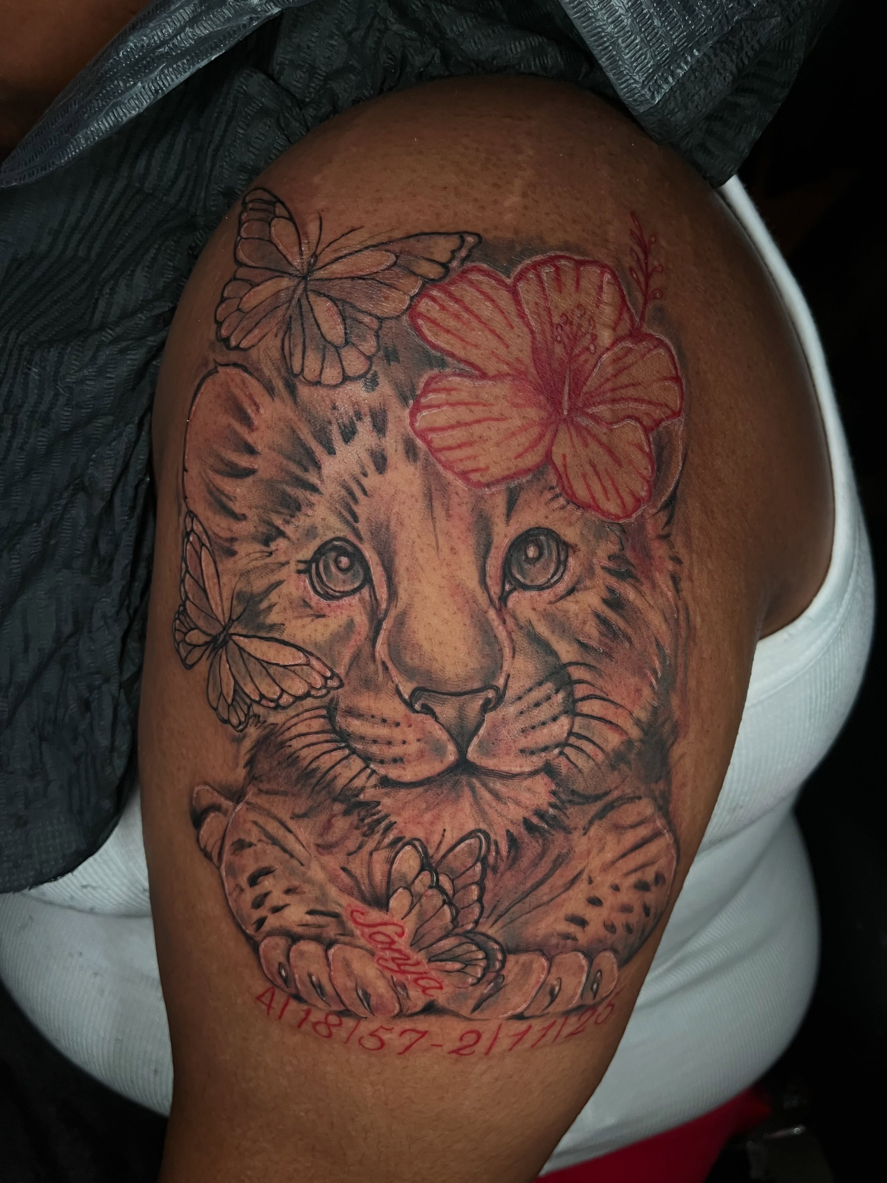 Lion cub with butterflies realism tattoo on the shoulder by Jakobi