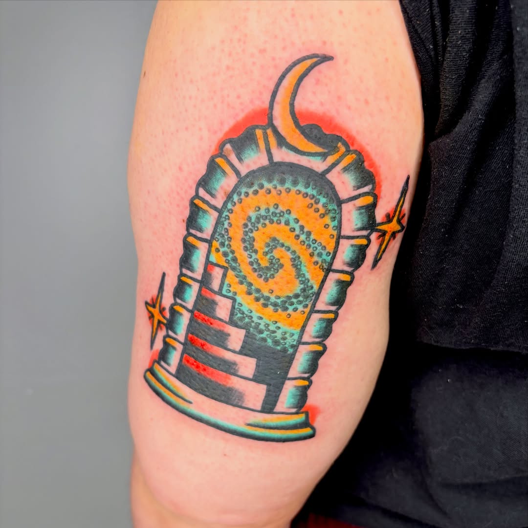 Astronomical observatory American traditional tattoo on the forearm by Braedon 🎱