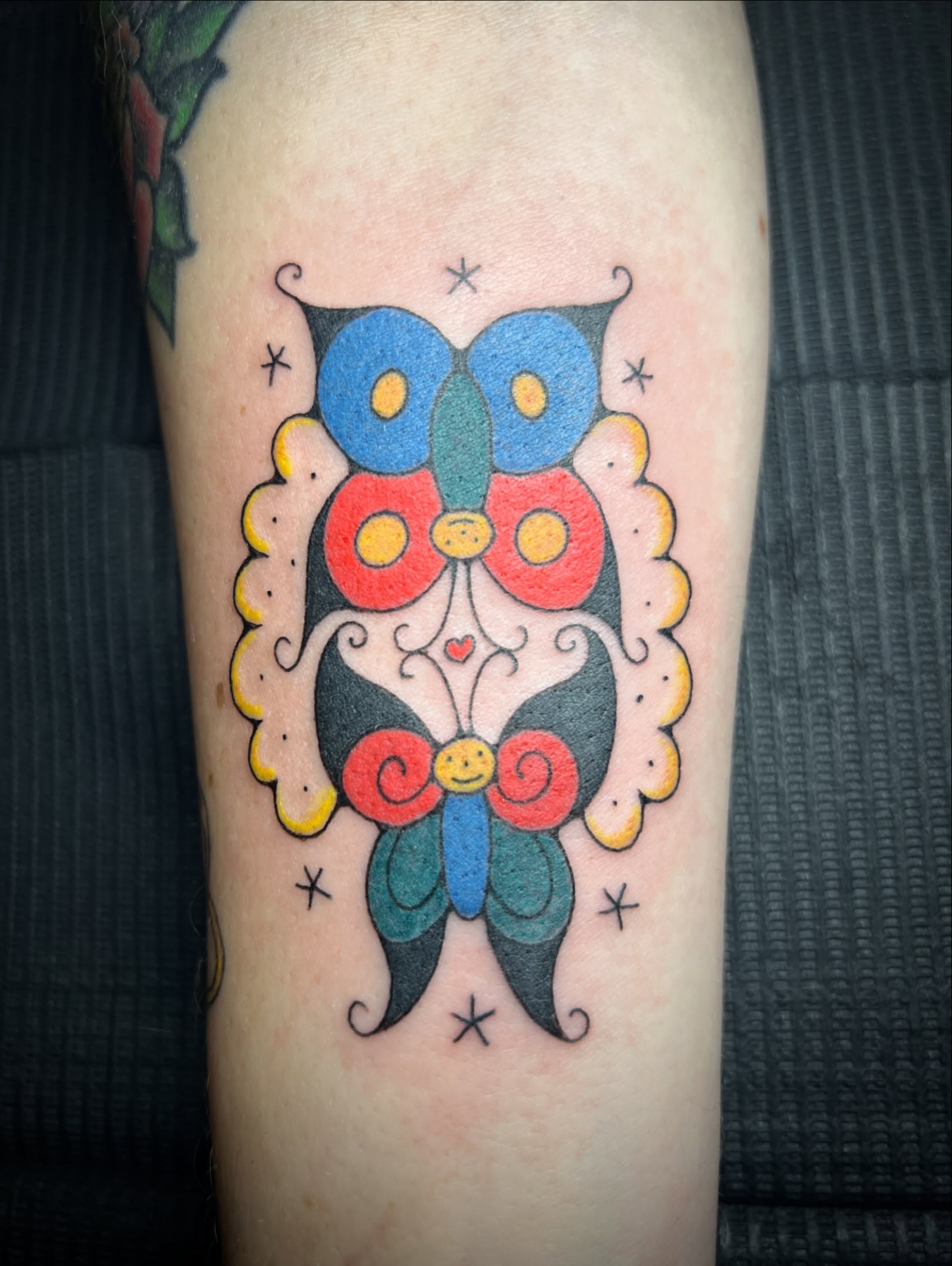 Owl American traditional tattoo on the forearm by Tattoo Kayla