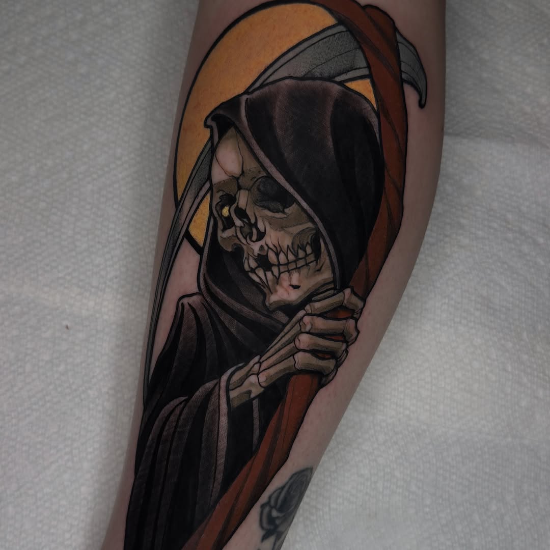 Grim reaper dark realism tattoo on the forearm by Golden Heart Tattoo Co