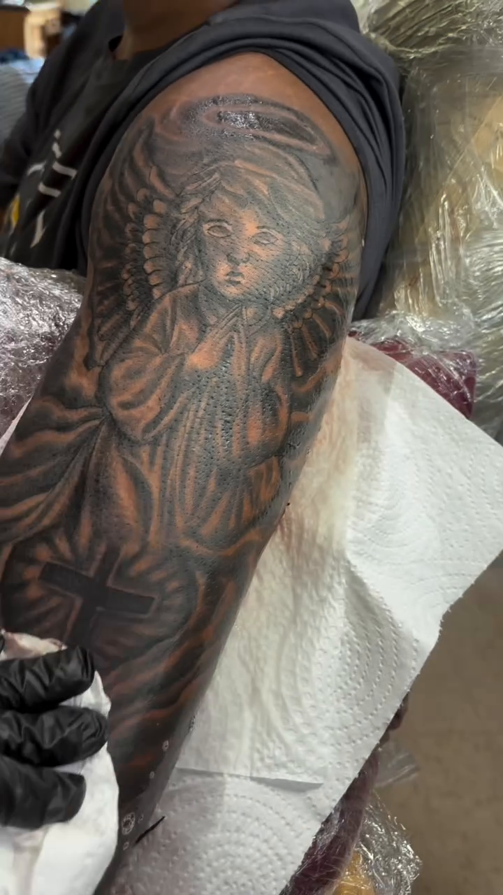 Angel and rose realism tattoo by OwlWhoINKs
