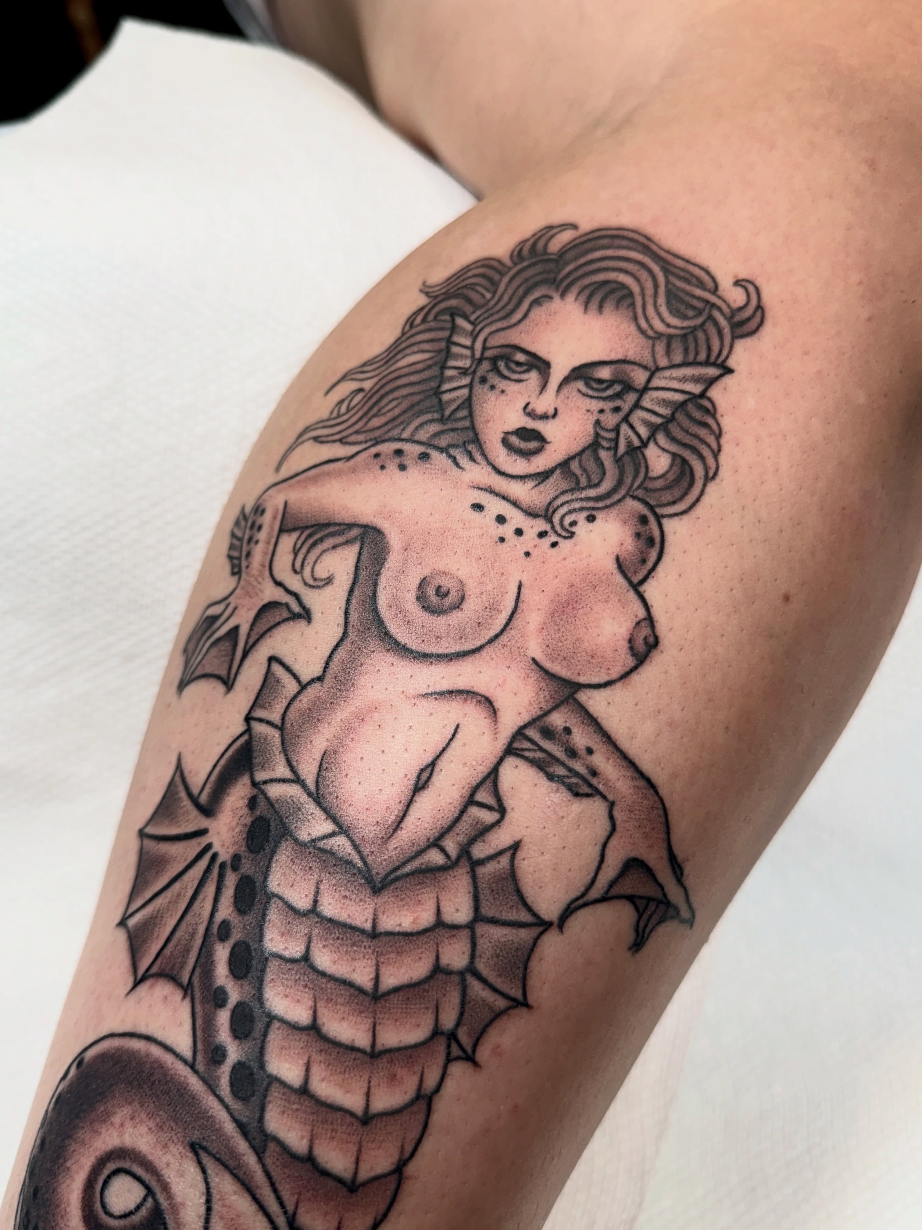 Mermaid American traditional tattoo on the upper arm by Christopher  Cousins, Nashville, Tennessee