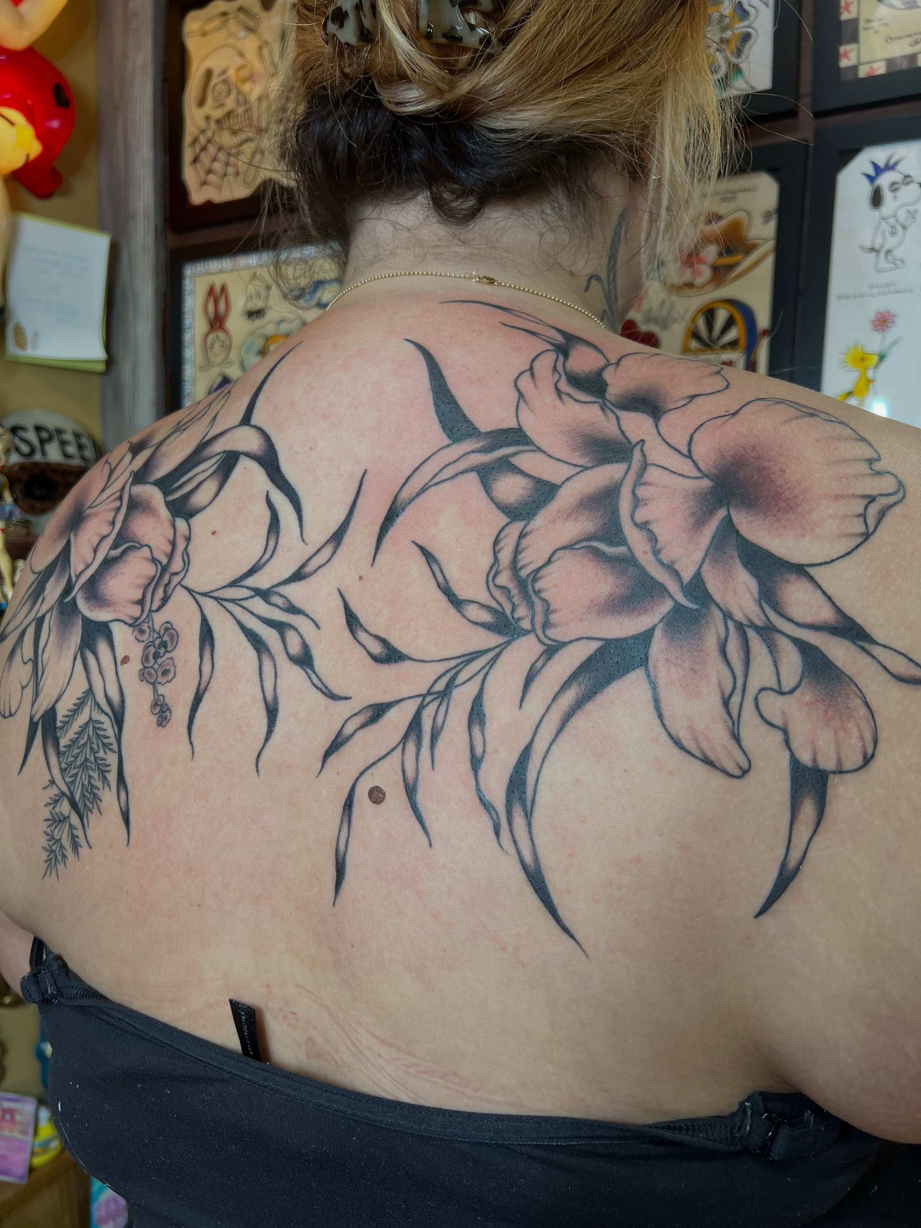 Peony flowers black and grey tattoo on the back by Emily Queen