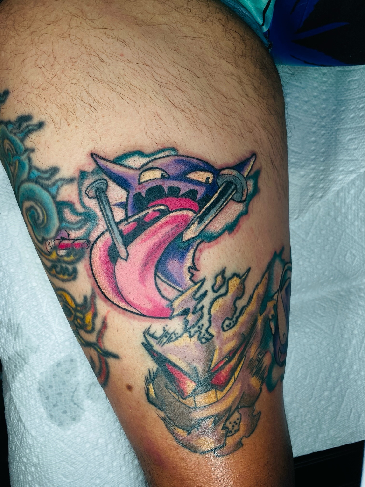 Gengar American traditional tattoo on the thigh by Kyle The Cartoon Guy