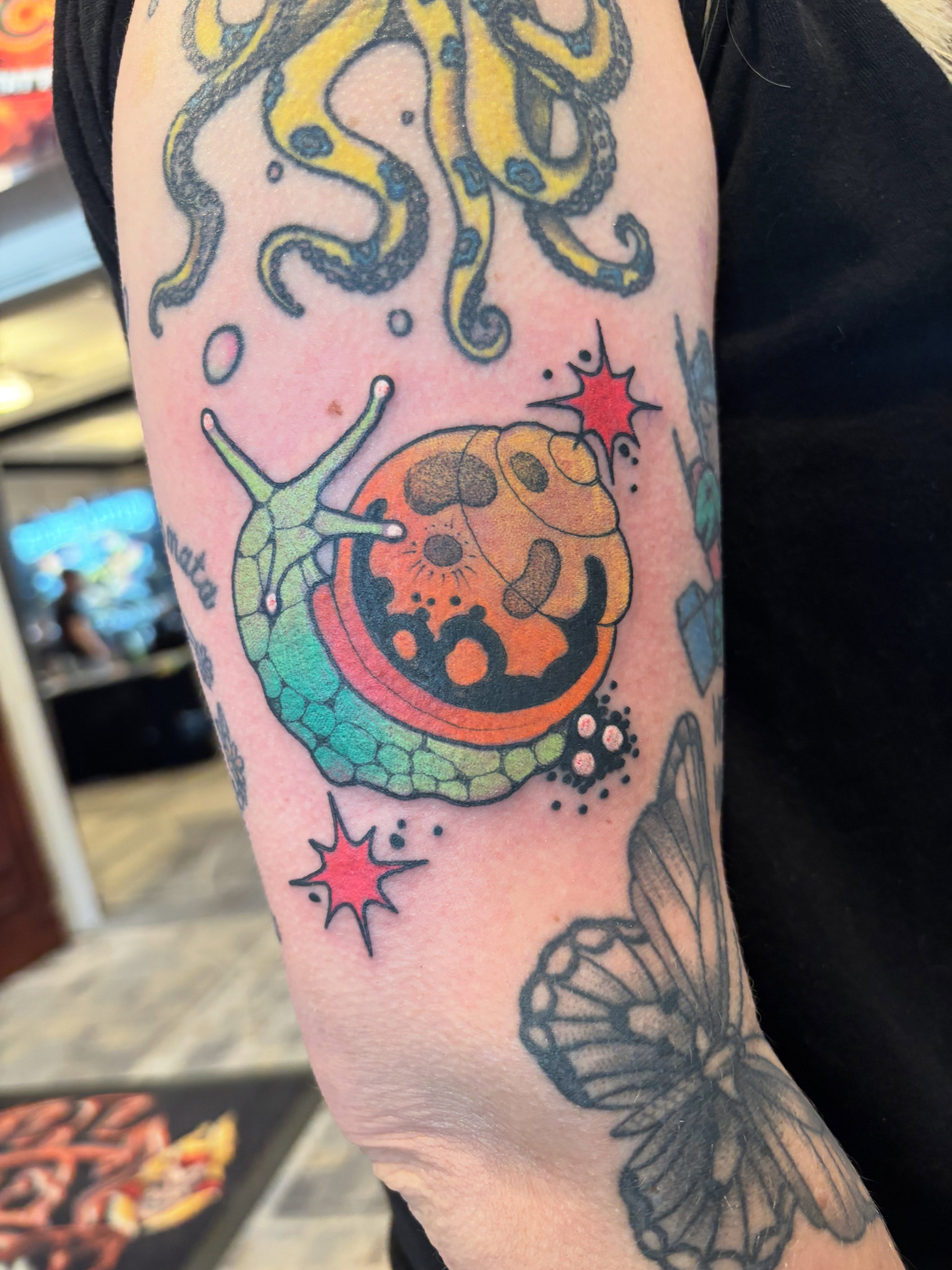 Snail and octopus new school tattoo on the forearm by Carly Zehring