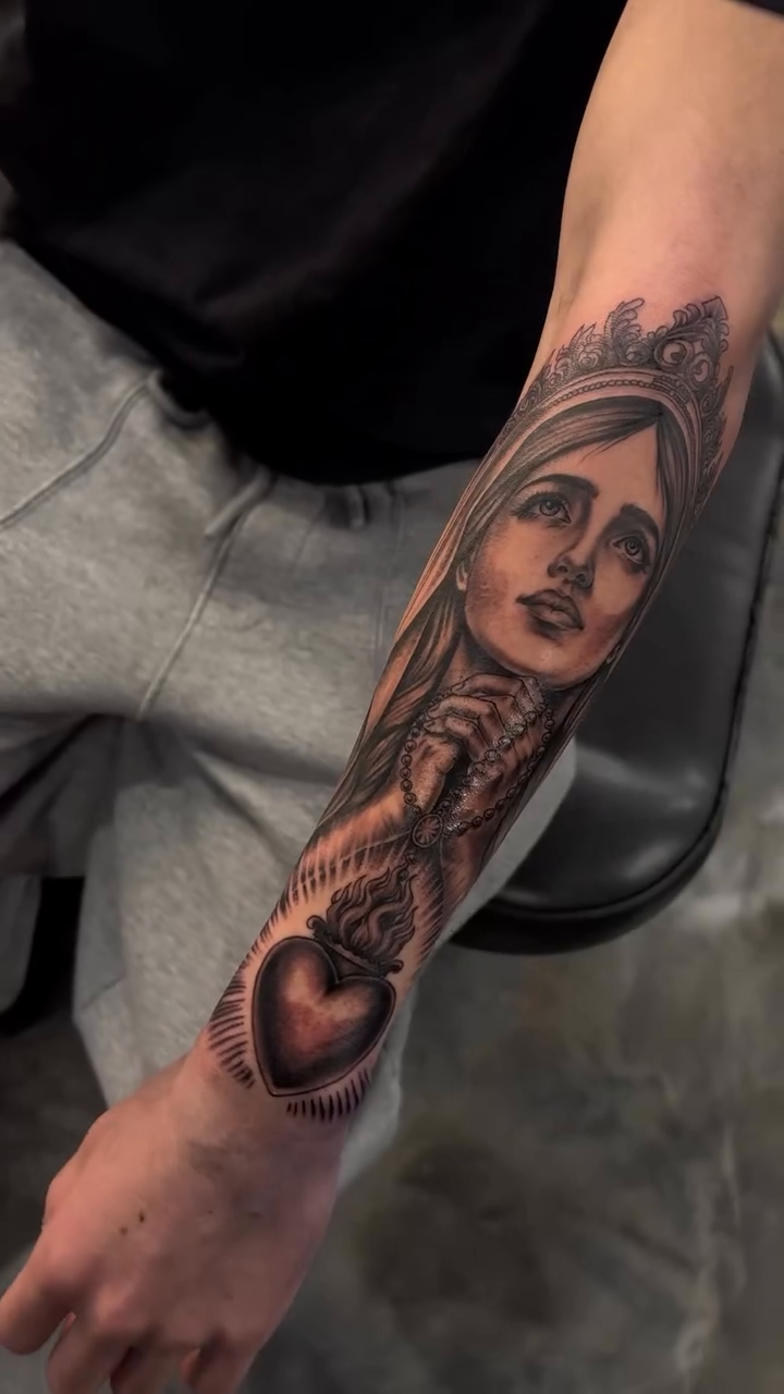 Virgin Mary and heart realism tattoo by Kevin