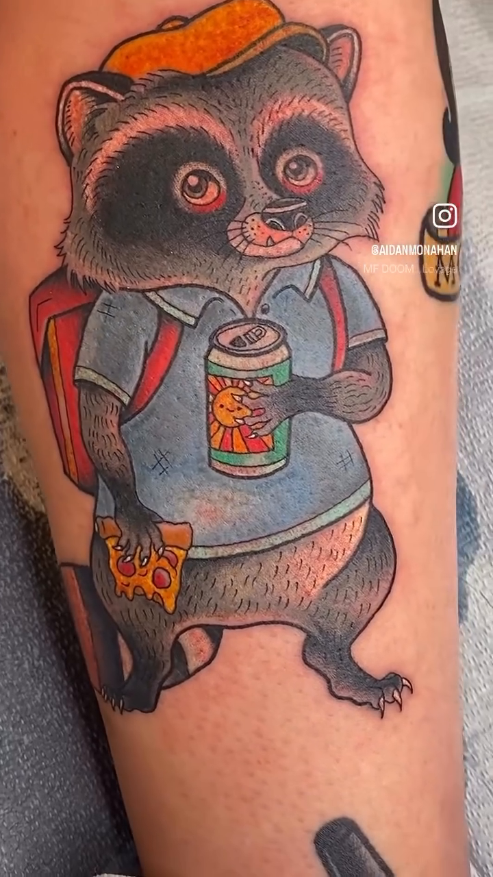Raccoon with a drink new school tattoo by Aidan Monahan Tattoo