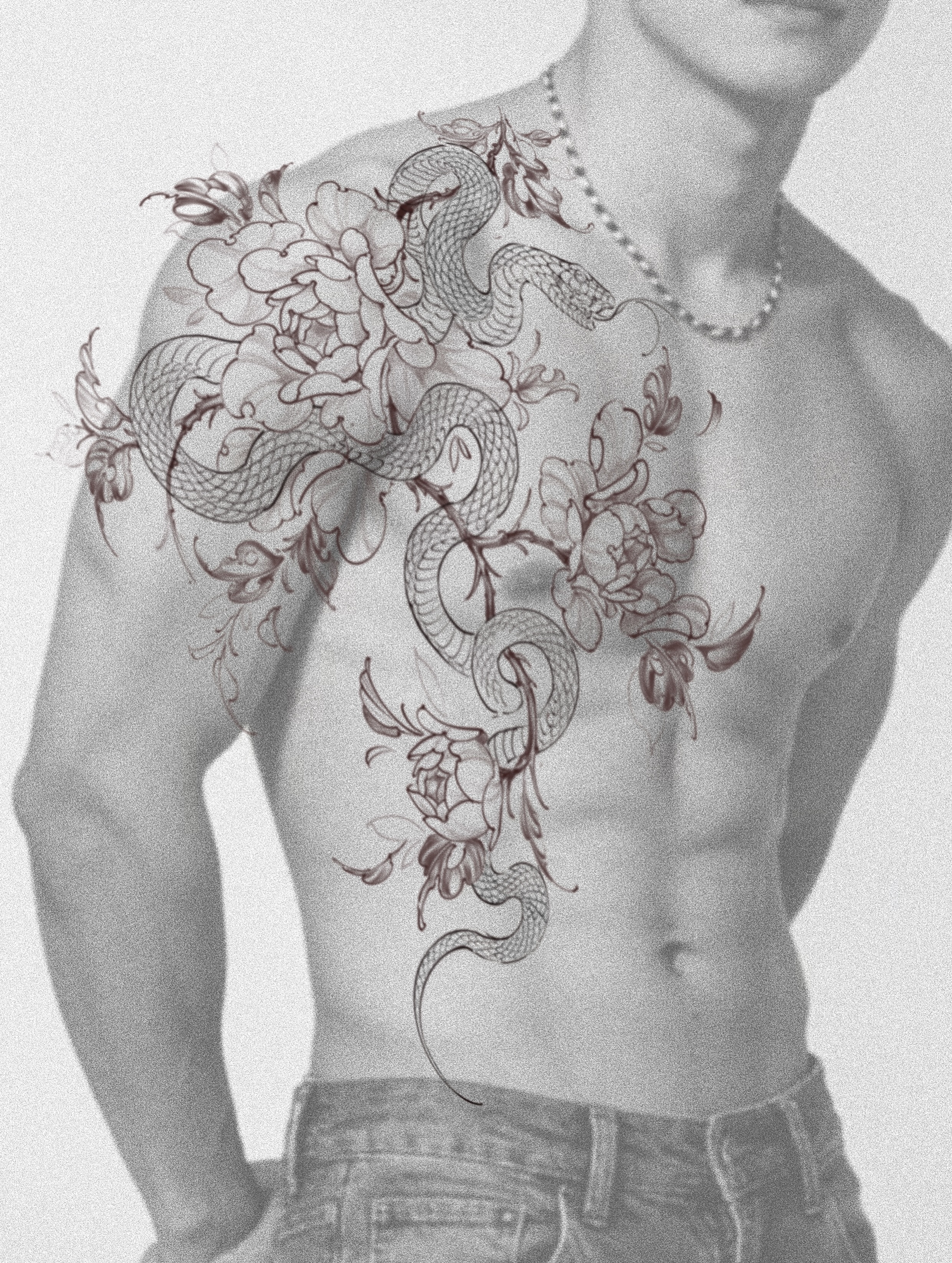 Snake and peony black and grey tattoo on the chest by 🌛 Lê Huỳnh🌜, Dallas, Texas