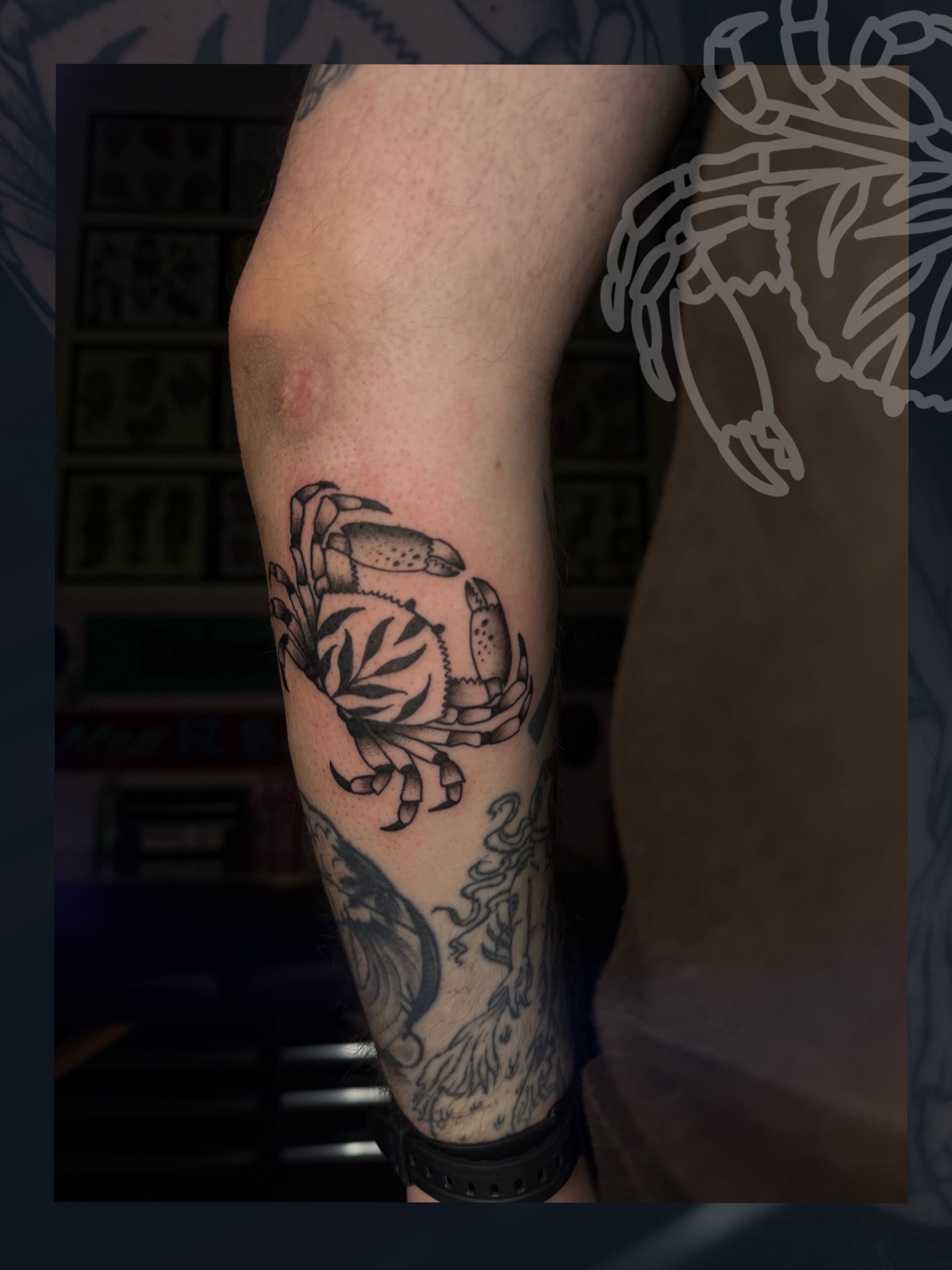 Crab black and grey tattoo on the forearm by licensed charlotte tattoo artist