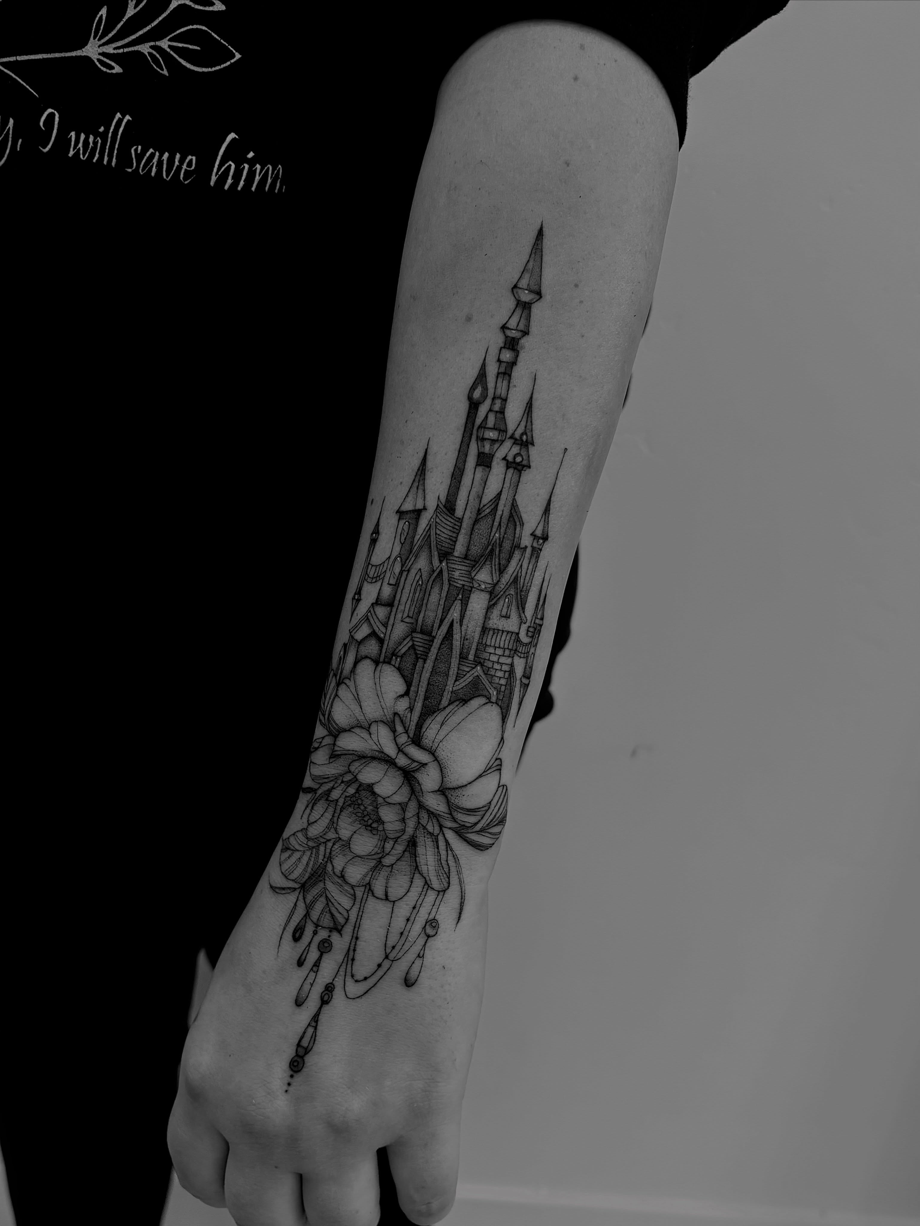 Castle and flower geometric tattoo on the forearm by Tayler, Tooele, Utah