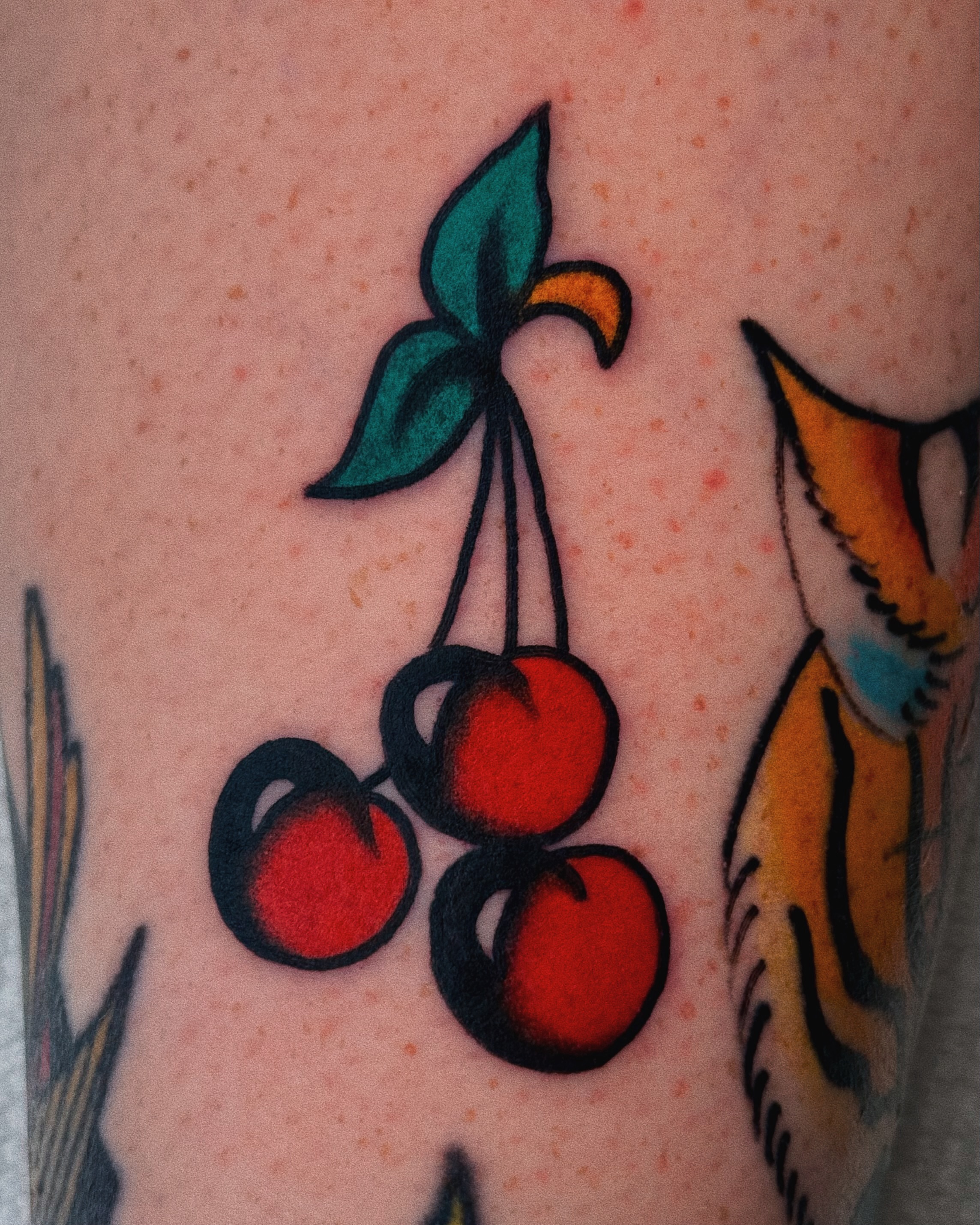 Cherries American traditional tattoo on the forearm by Sean Michel, Nashua, New Hampshire