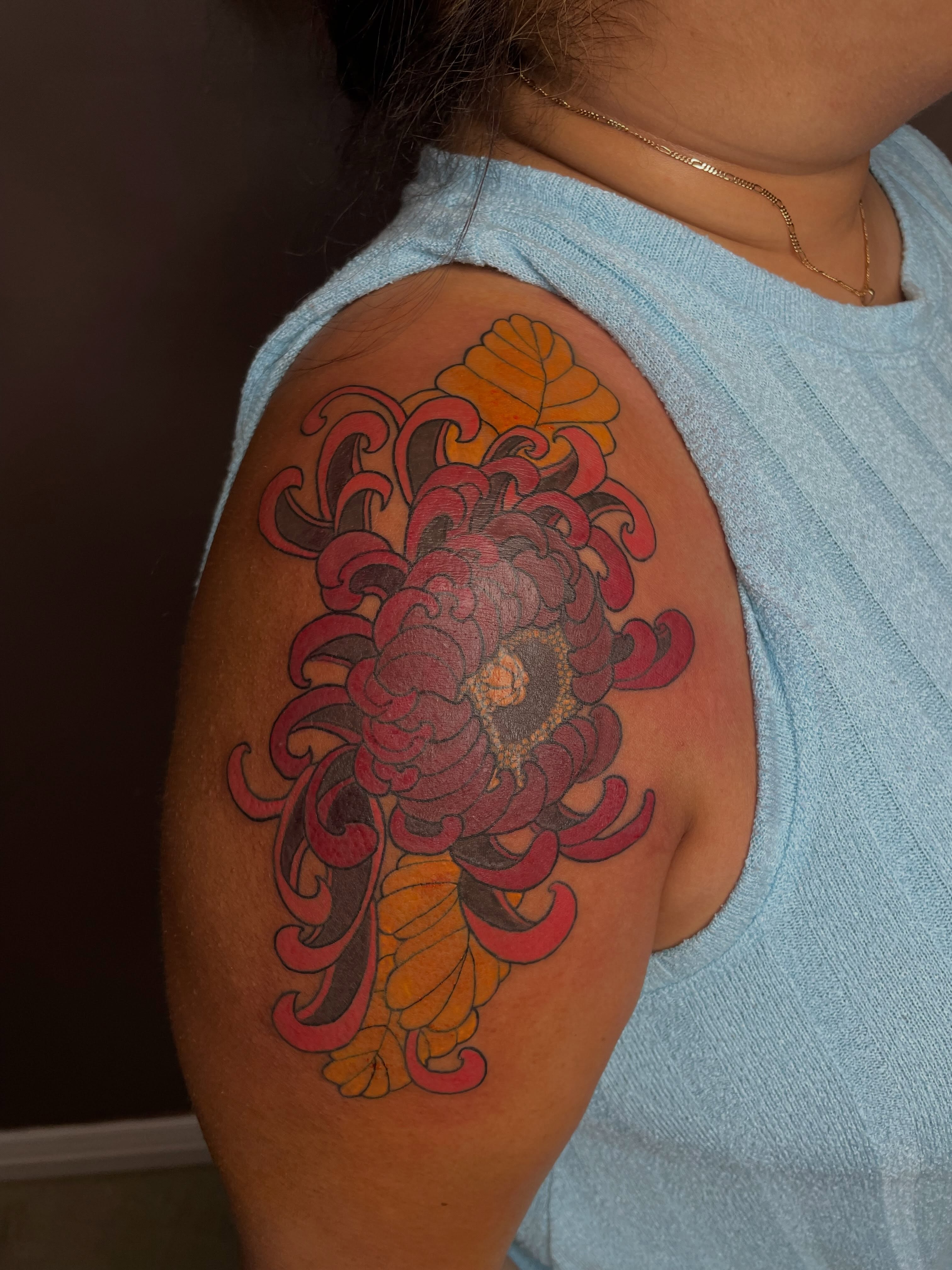 Chrysanthemum japanese irezumi tattoo on the shoulder by Kaylee 🗡️