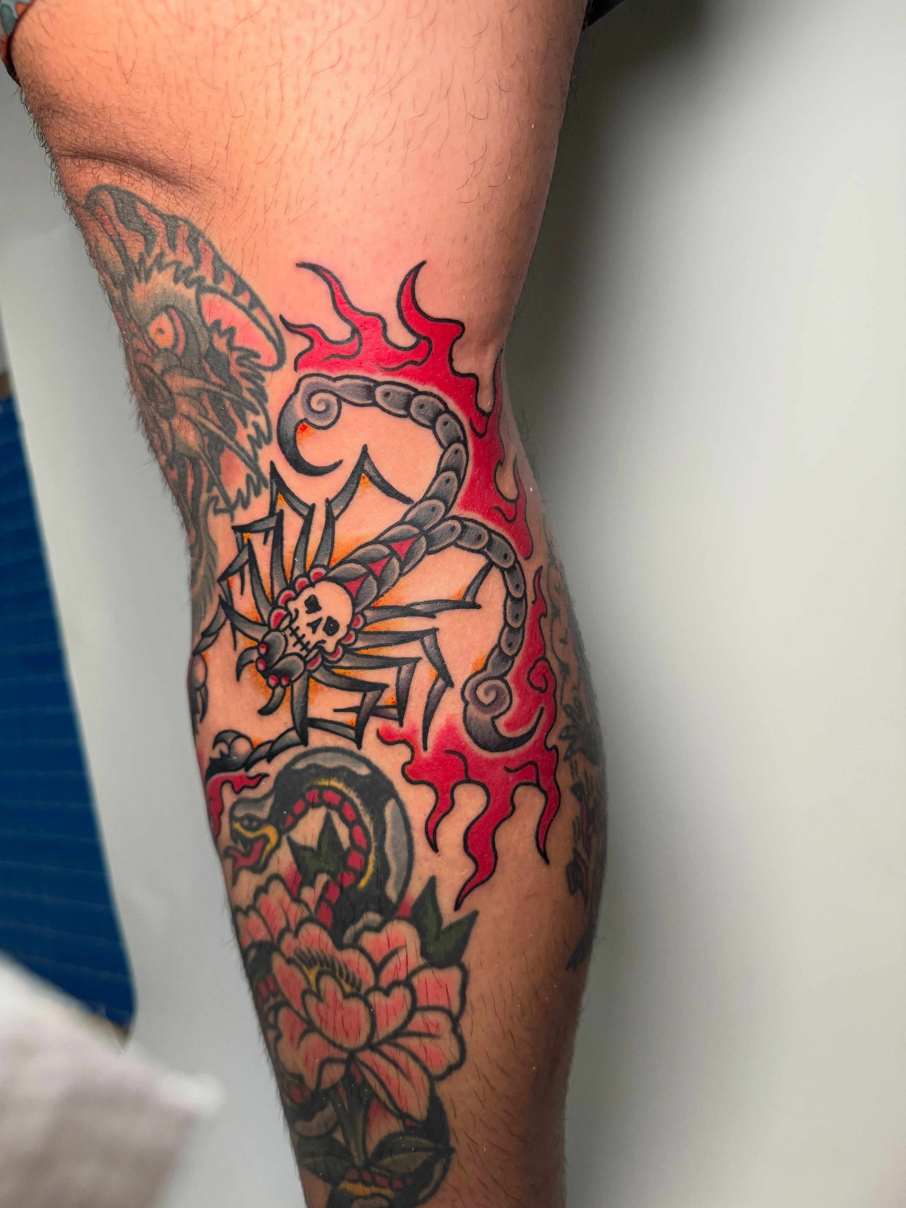 Spider and skull American traditional tattoo on the forearm by Zac Chaffin