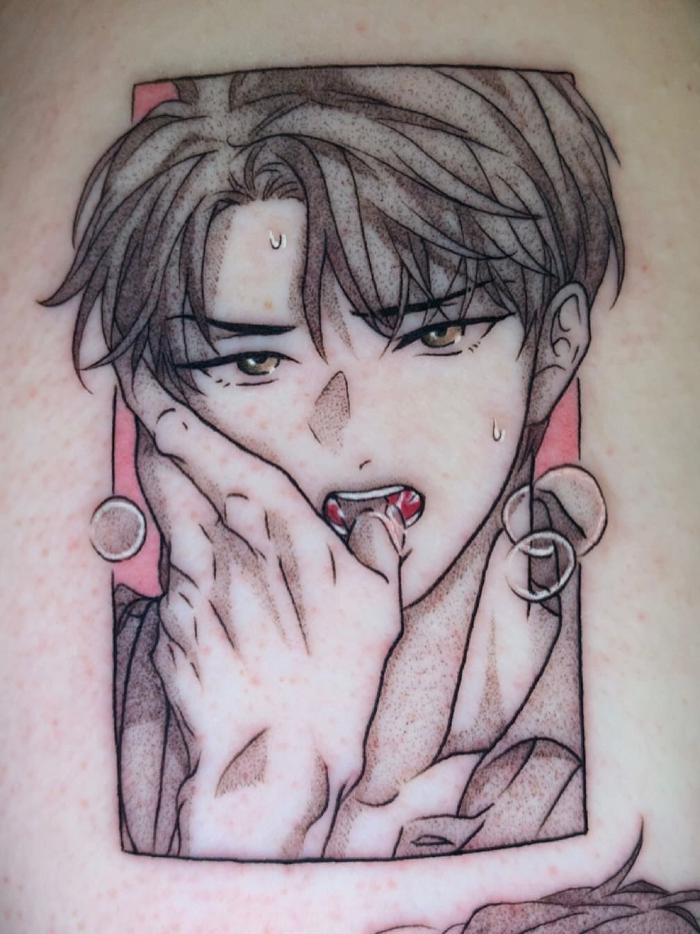 Anime character anime tattoo on the torso by Maddie Rees