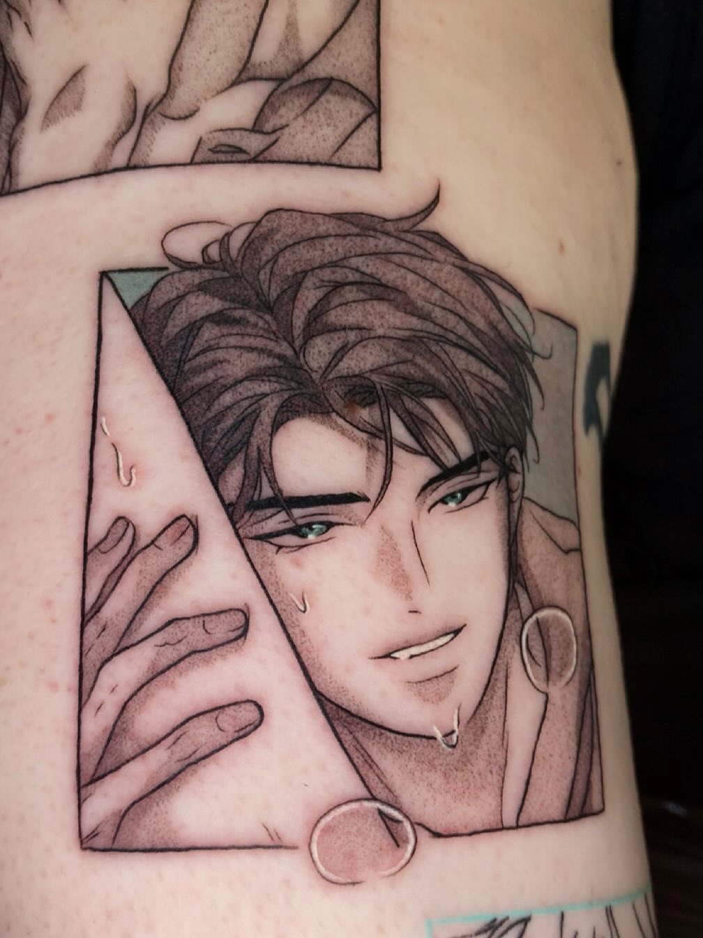 Anime character anime tattoo on the thigh by Maddie Rees