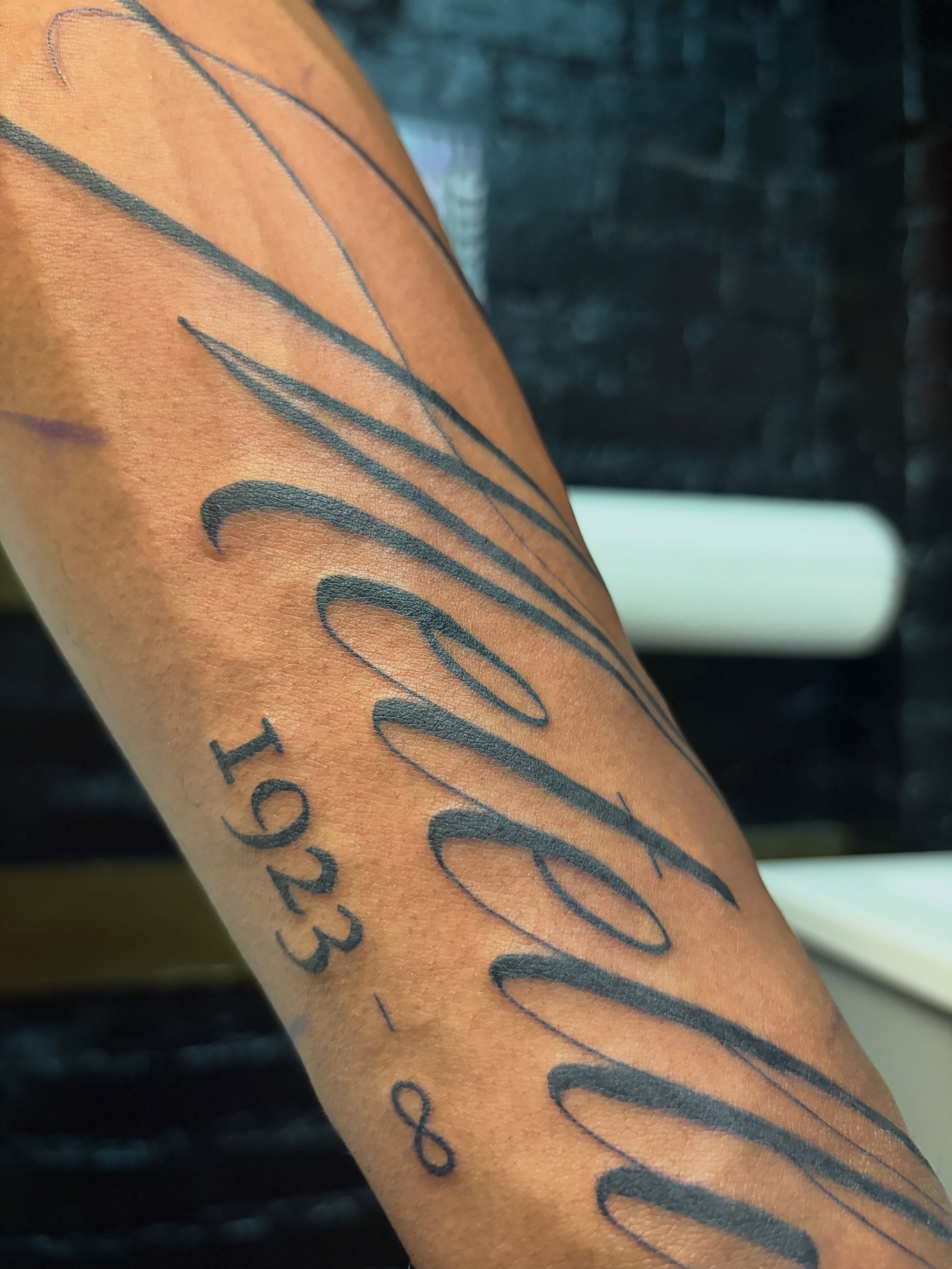 Script lettering lettering script tattoo on the forearm by Destineé
