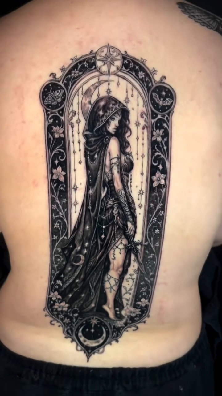 Gothic woman in ornate frame dark realism tattoo by Jessica Sheahan