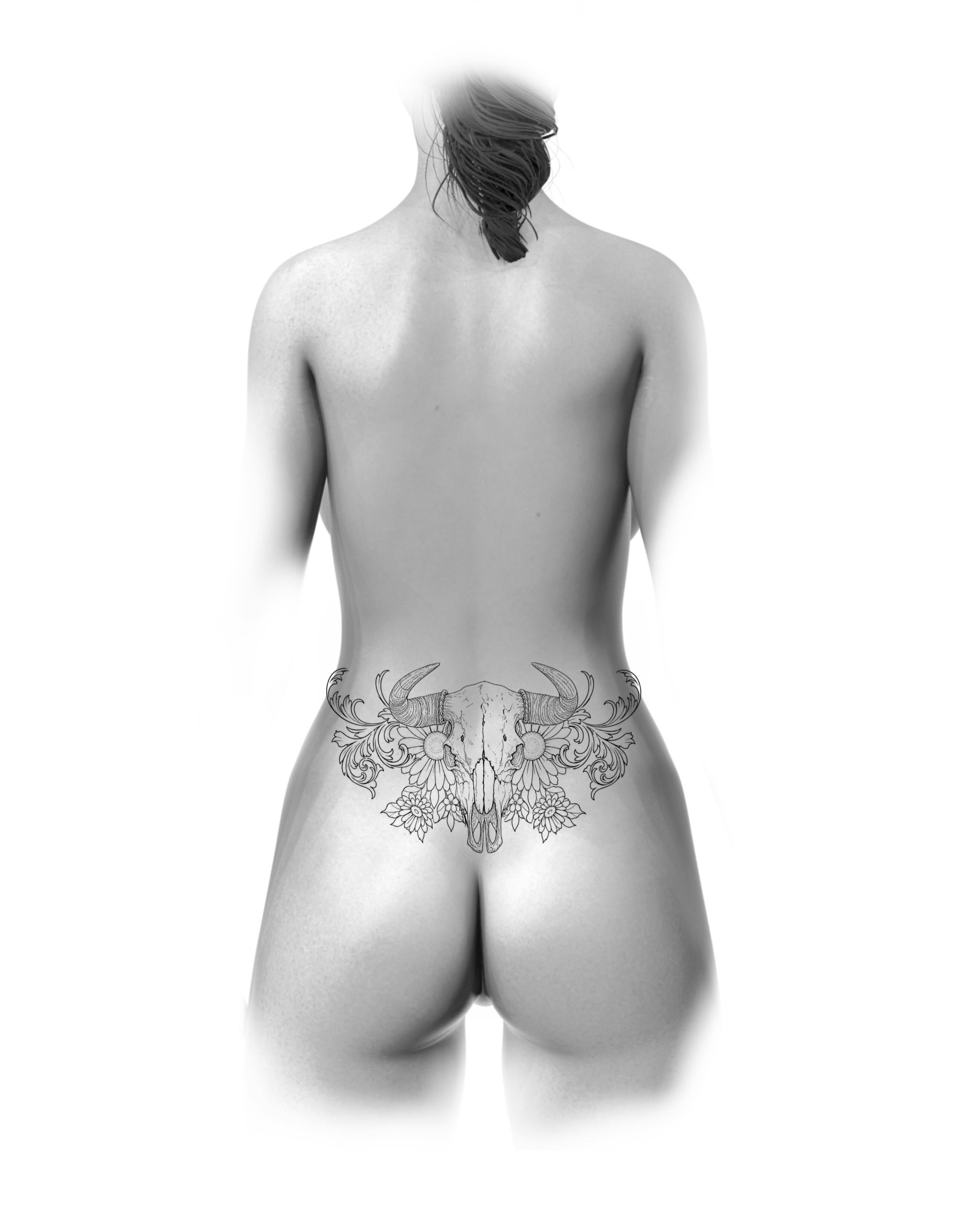Bull skull with floral ornamentation black and grey tattoo by Skylar