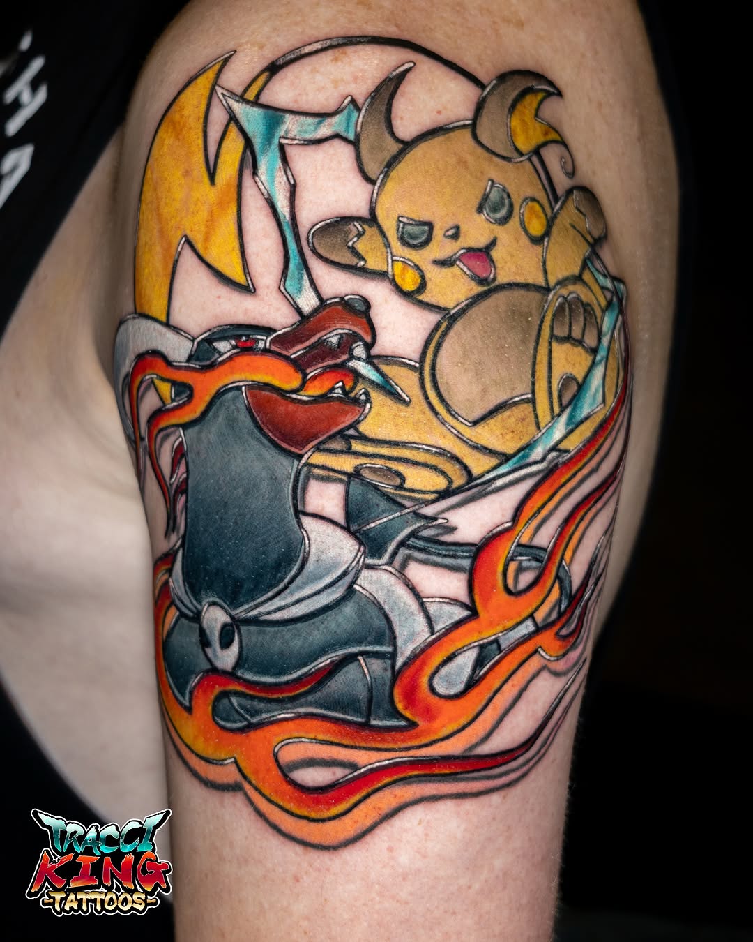 Pikachu and Charizard new school tattoo on the thigh by Tracci King