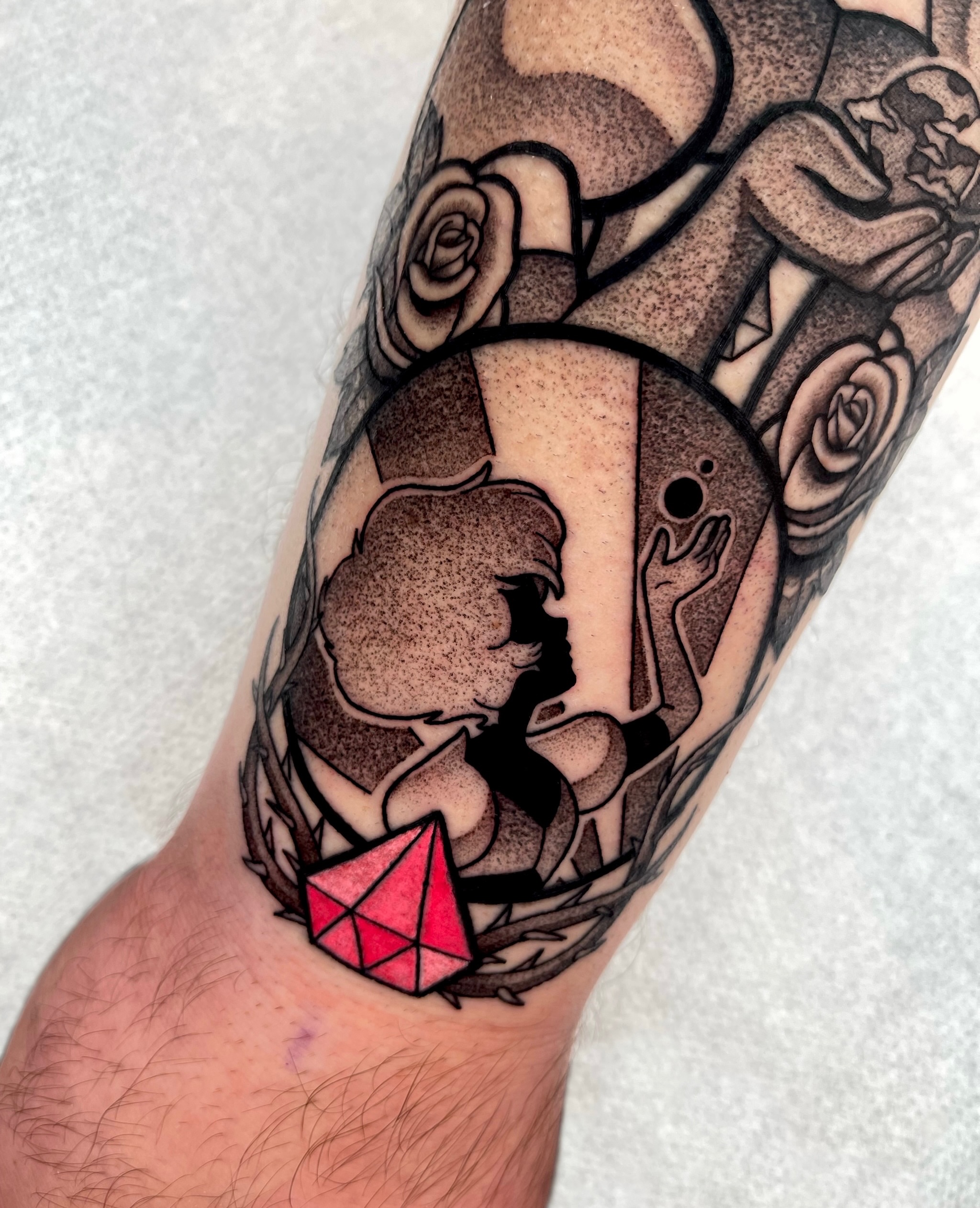 Woman with dice American traditional tattoo on the forearm by Anastasia Vives