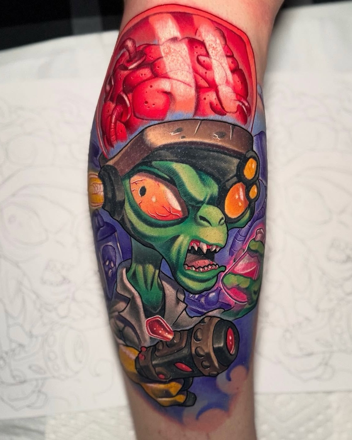 Alien soldier new school tattoo on the forearm by BigTatty Kayne