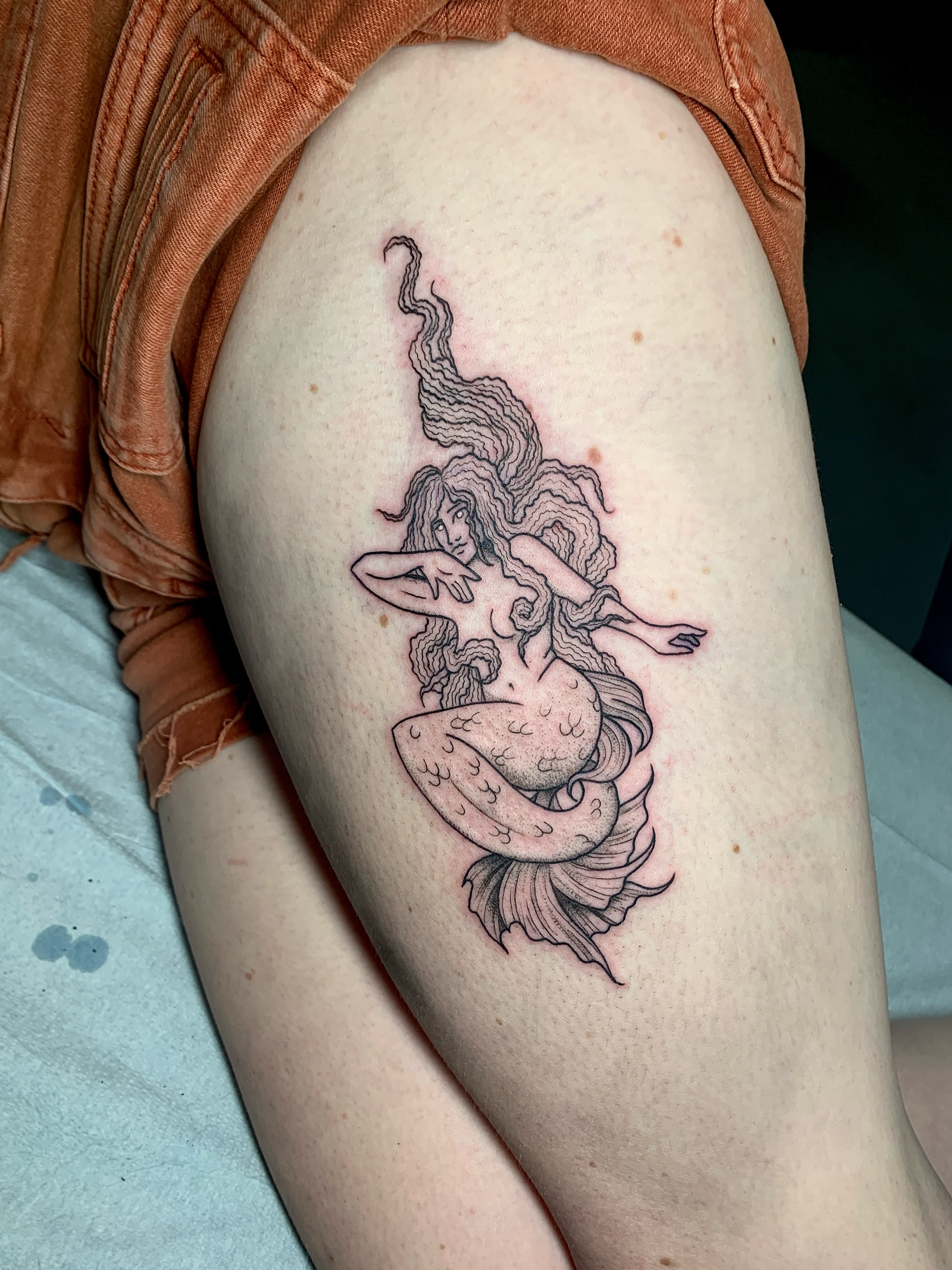 Mermaid black and grey tattoo on the thigh by ⓣⓞⓡⓘ, Bangor, Maine