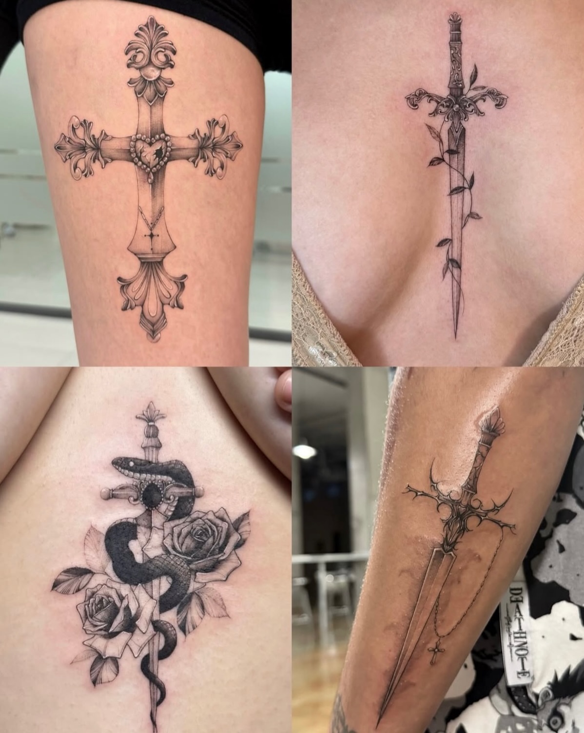 Cross black and grey tattoo on the thigh by ๐๐๐๐๐๐