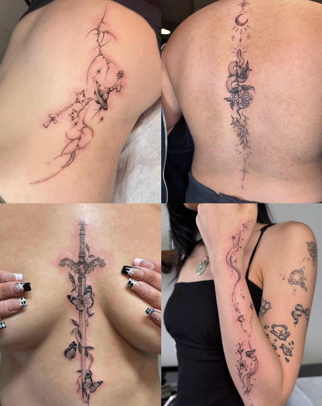 Flower and butterfly black and grey tattoo on the back by ๐๐๐๐๐๐