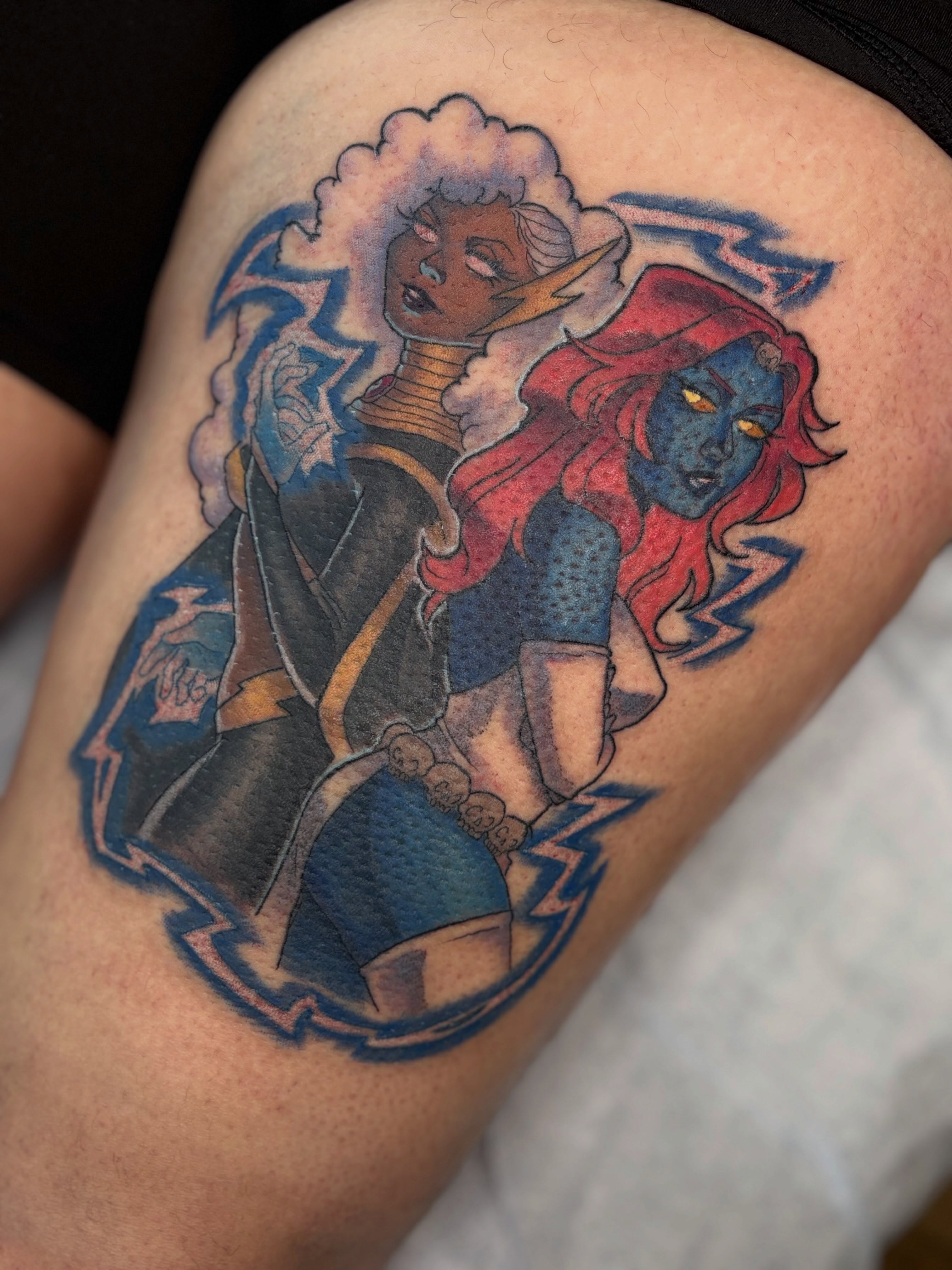 Female characters American traditional tattoo on the thigh by Gabby