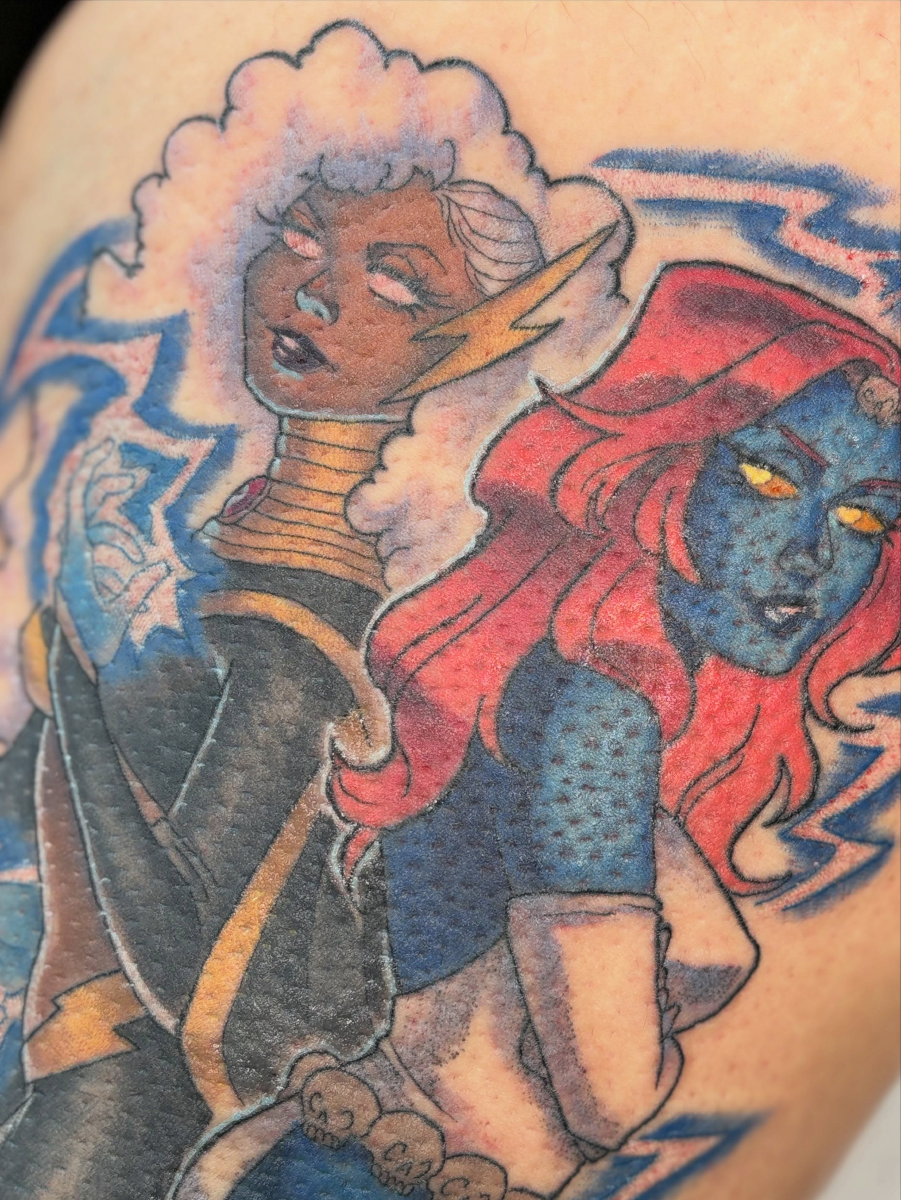 X-Men characters dotwork tattoo on the shoulder by Gabby
