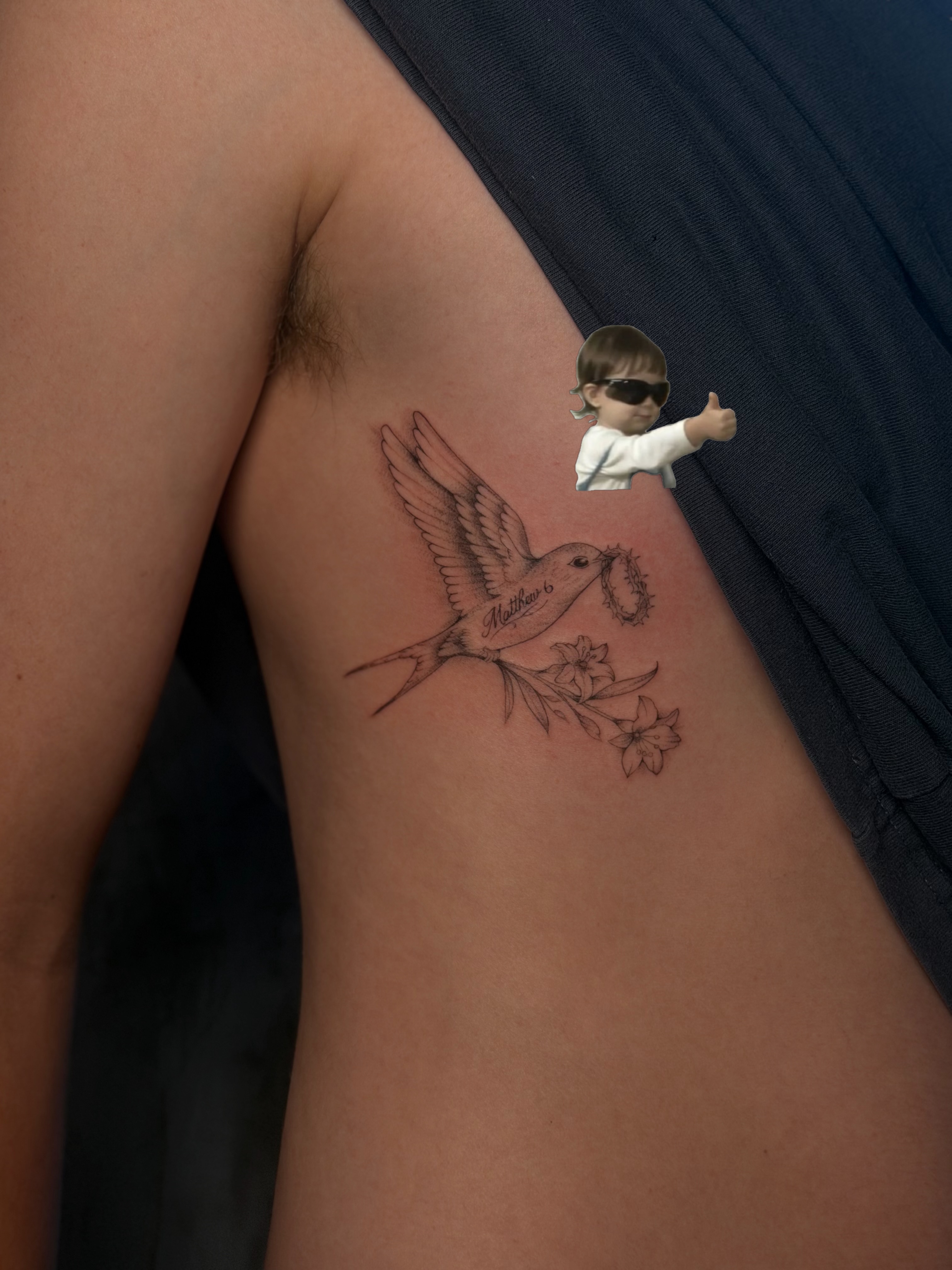 Bird with flowers black and grey tattoo on the shoulder by 𝙸𝚗𝚔𝚊𝚗𝚍𝚕𝚒𝚕𝚢𝚜 🤎💉🐻🌸