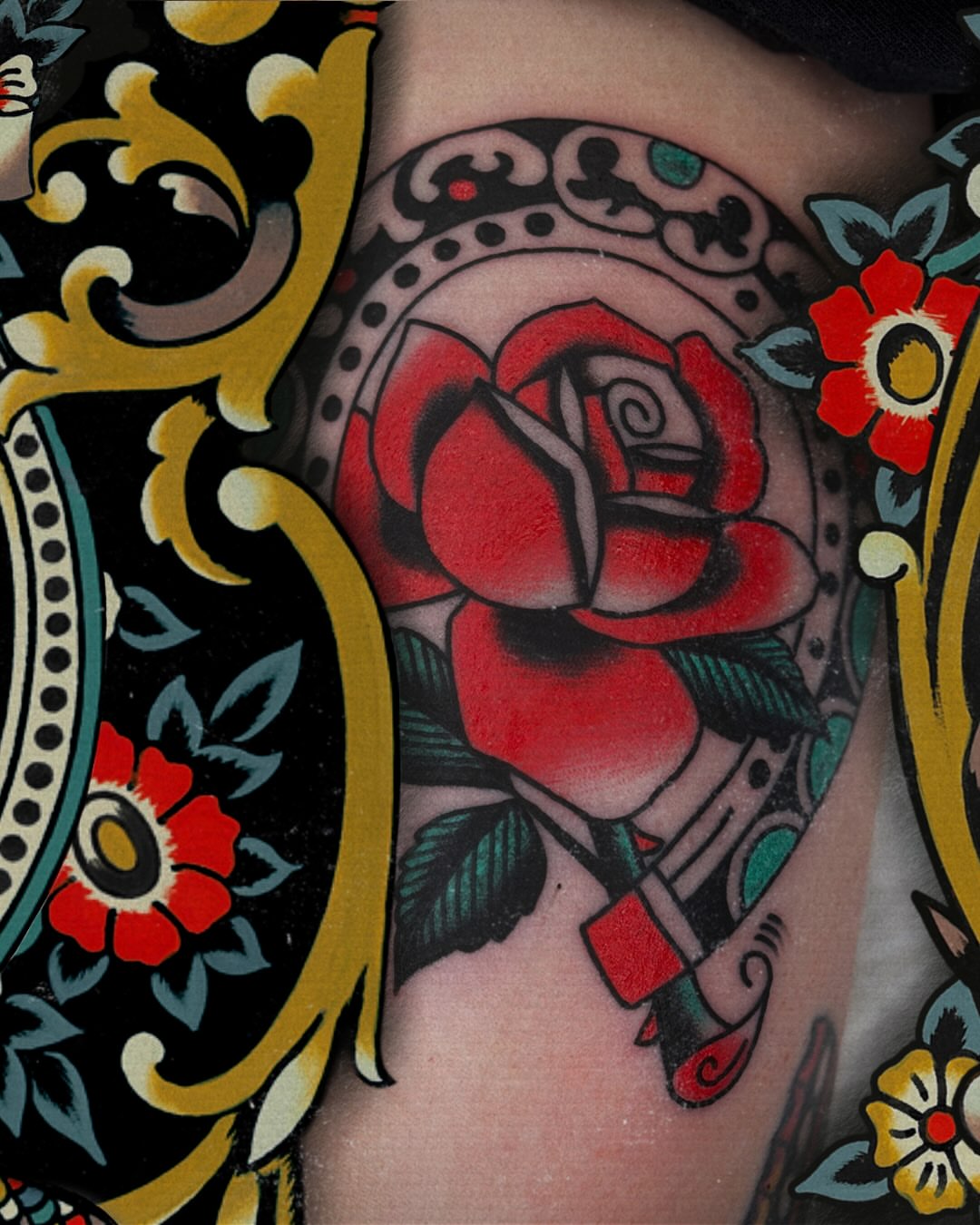 Red rose American traditional tattoo on the forearm by Diego Treviño