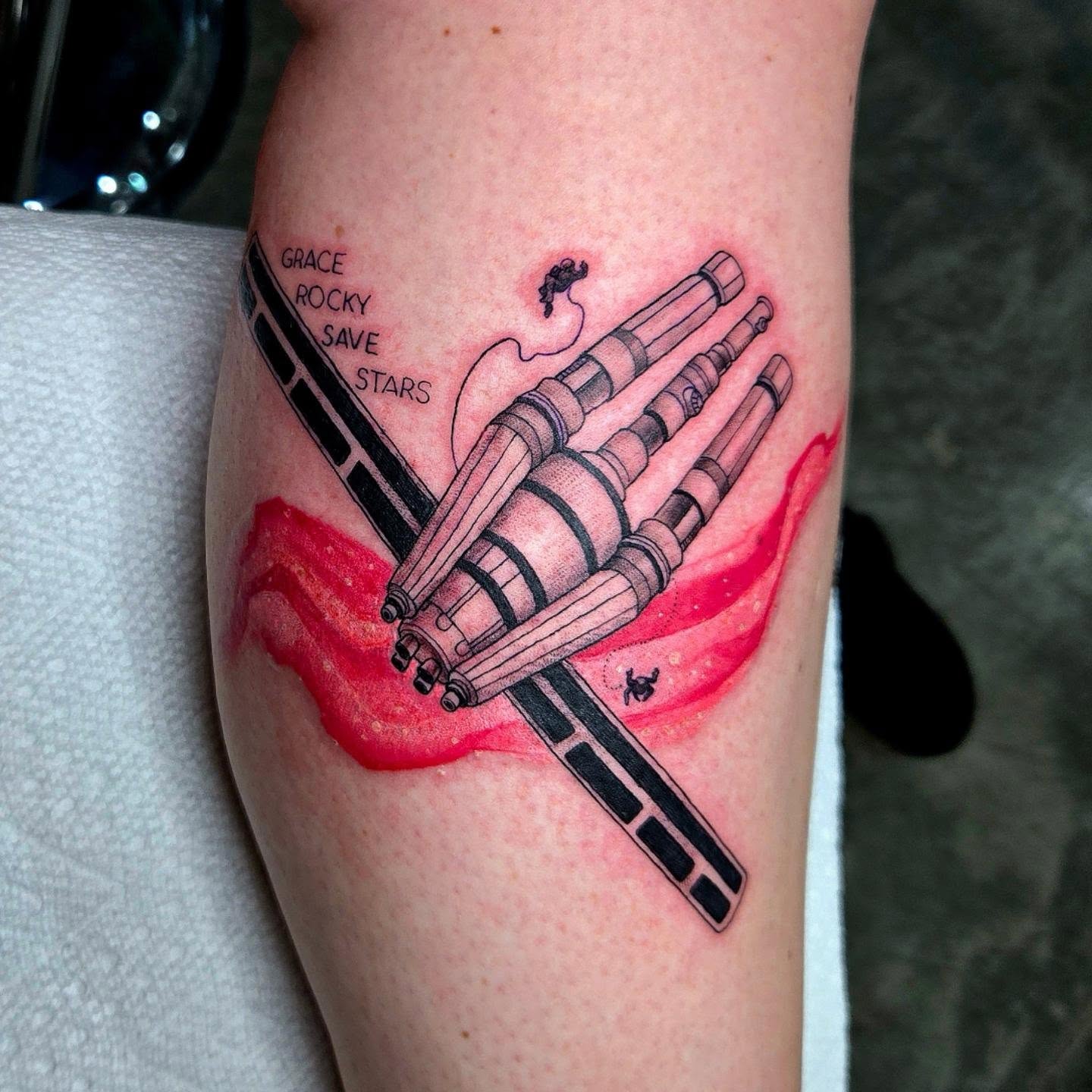 Pipe organ black and grey tattoo on the forearm by Amanda Hinrichs