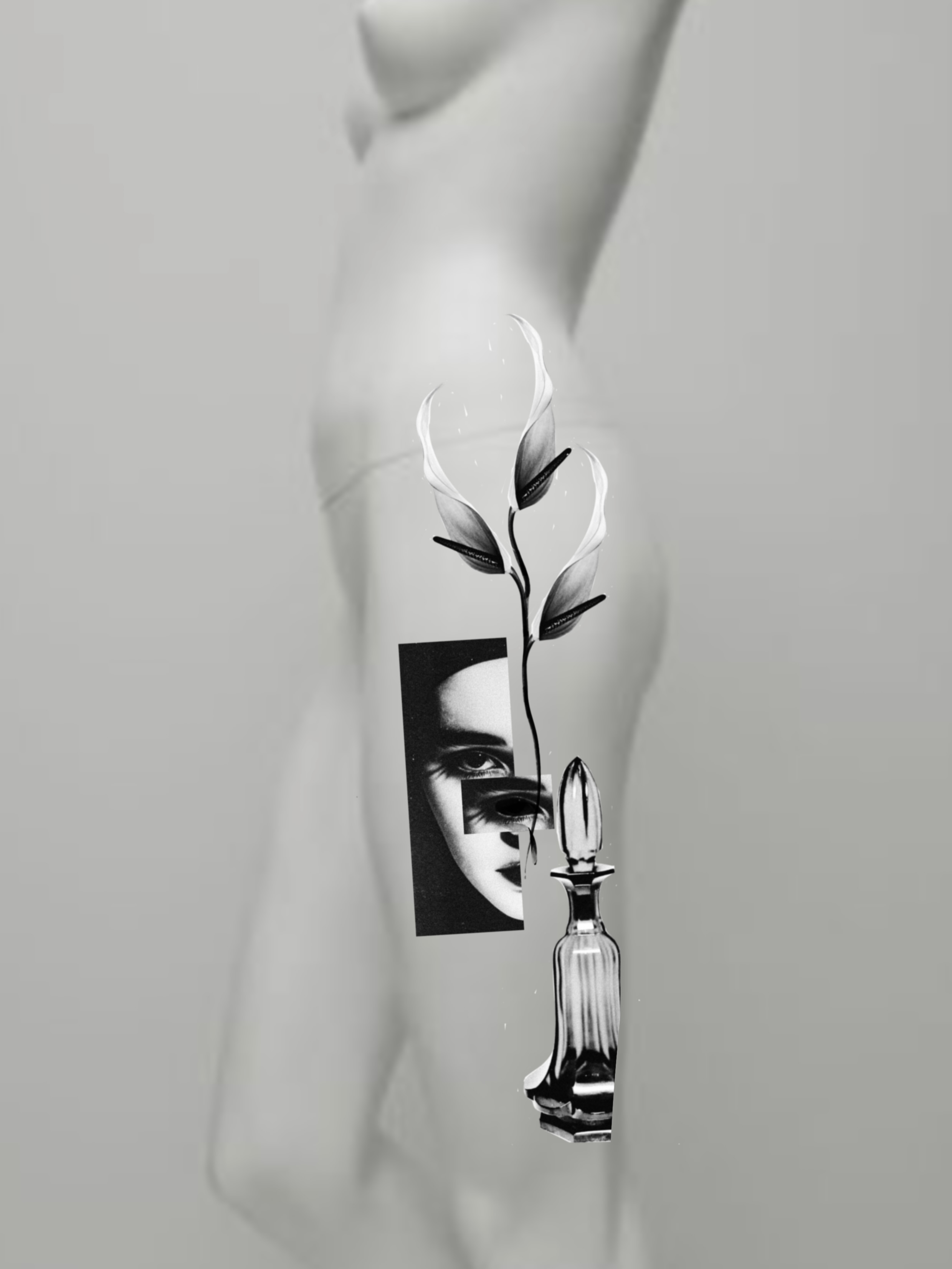 Flower and face black and grey tattoo on the thigh by Mané, Portland, Oregon