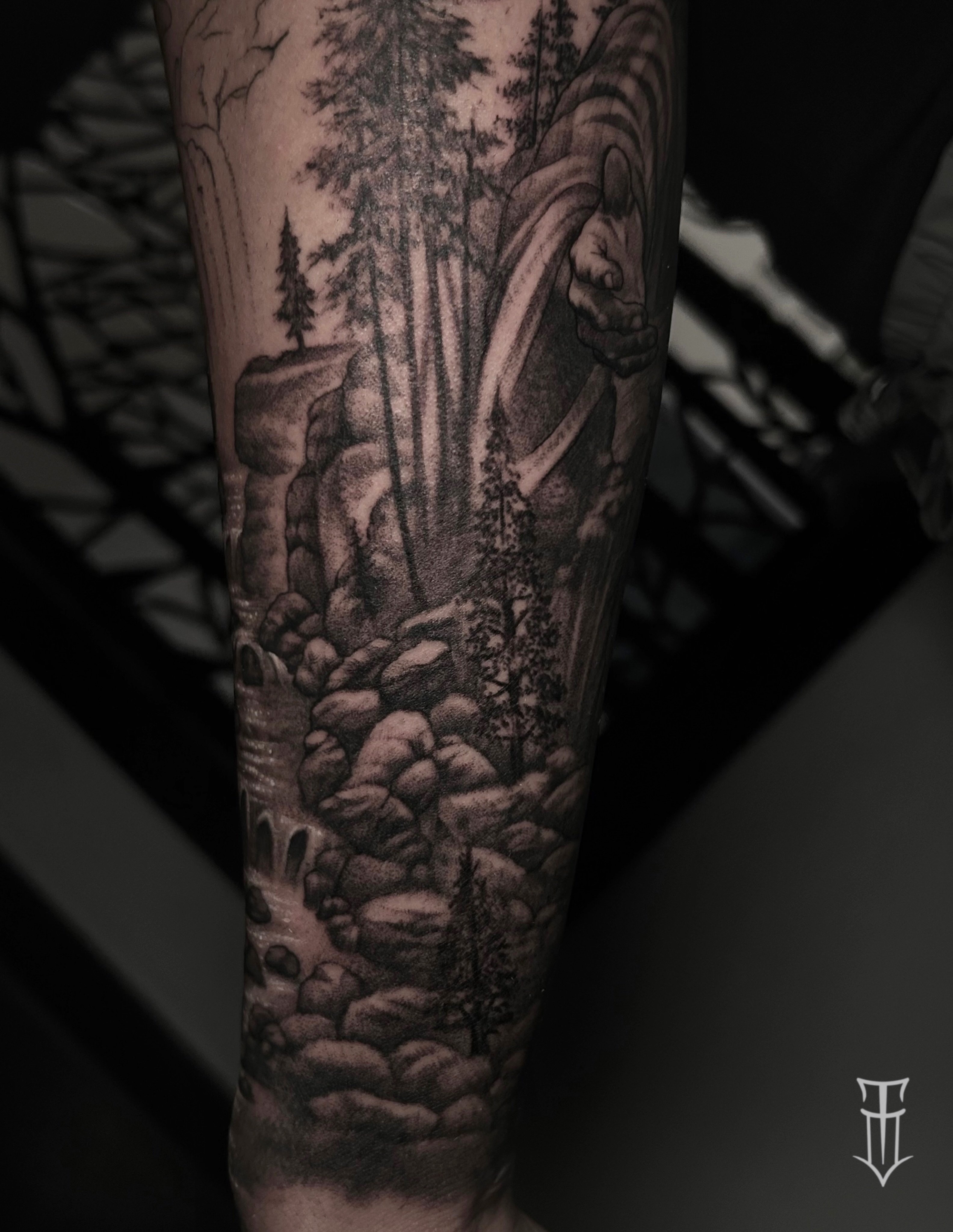 Landscape realism tattoo on the forearm by Tyler Osburn