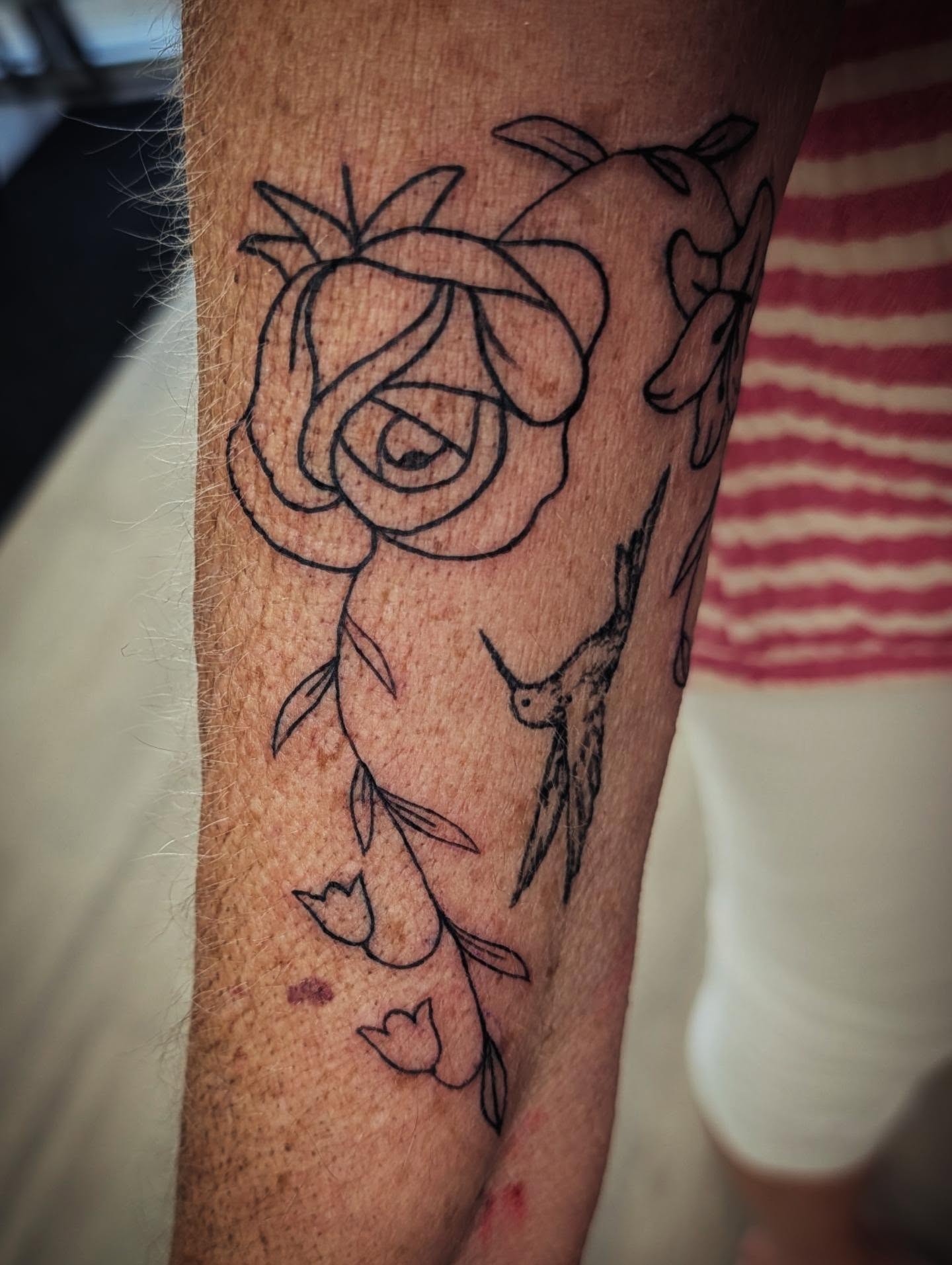 Rose and hummingbird black and grey tattoo on the forearm by Matt Mahl